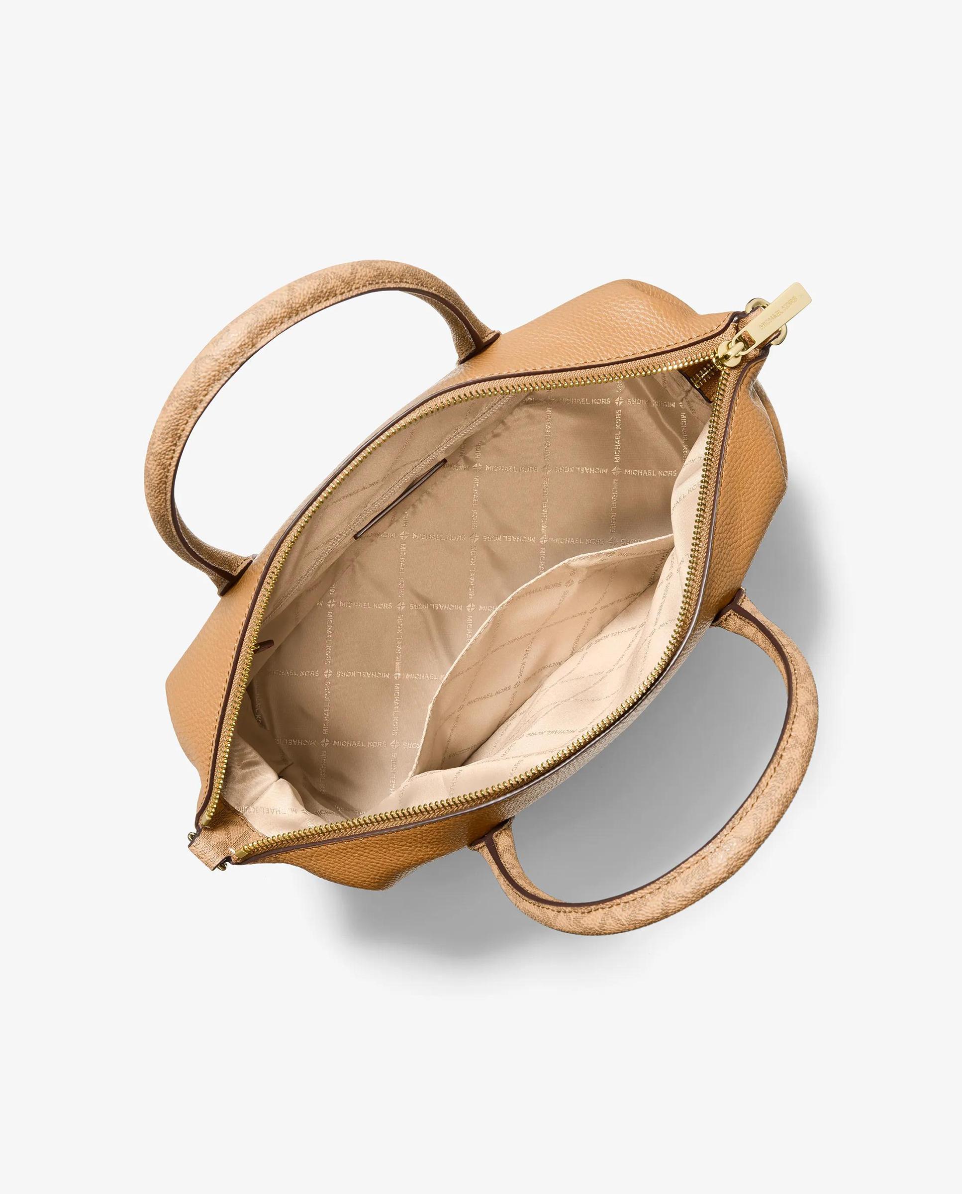 Mala a Tiracolo Satchel Hyde Média de Tecido Granulado com Logotipo Castanho-claro-2