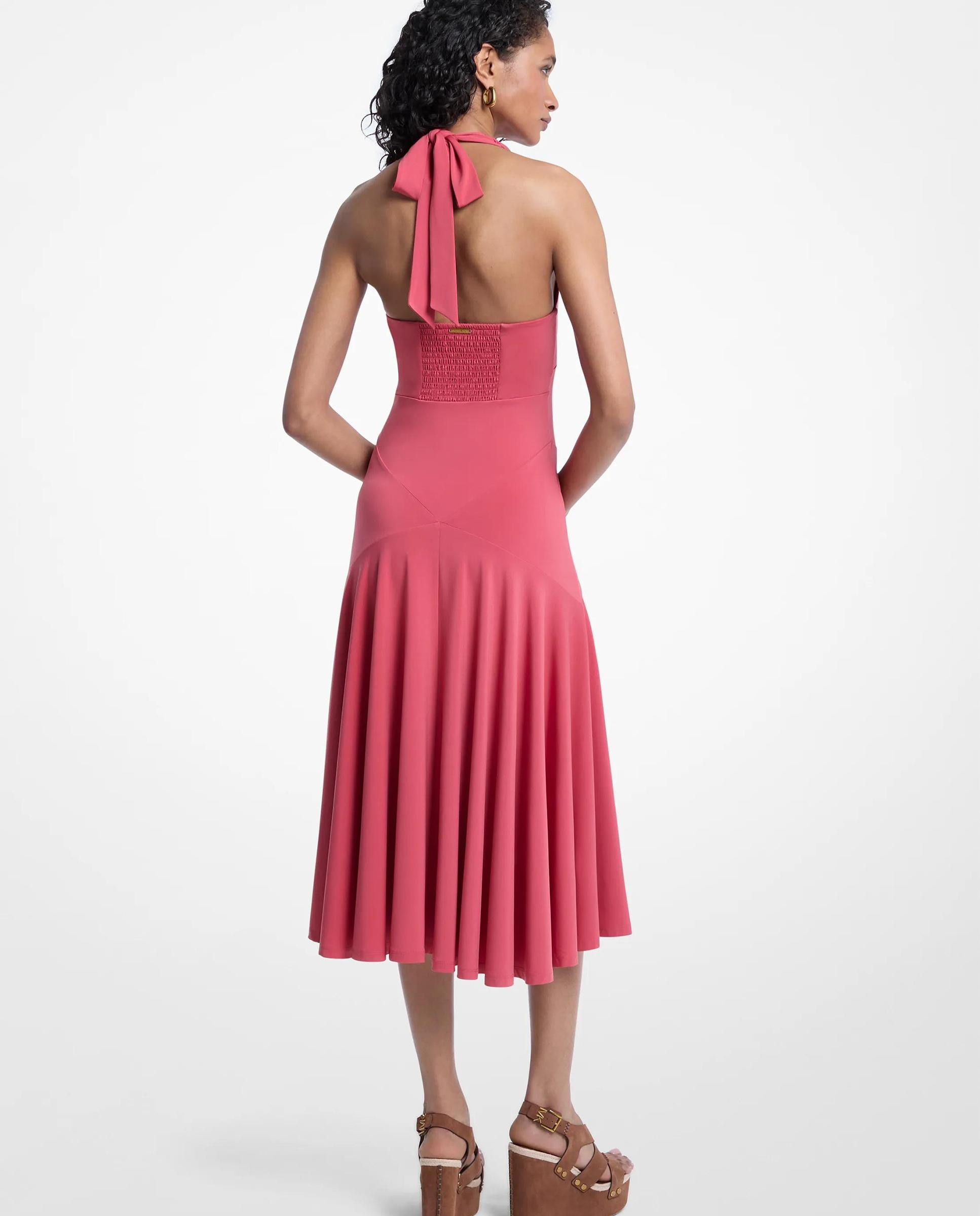 Vestido Midi de Malha Elástica com Gola Halter Coral-2