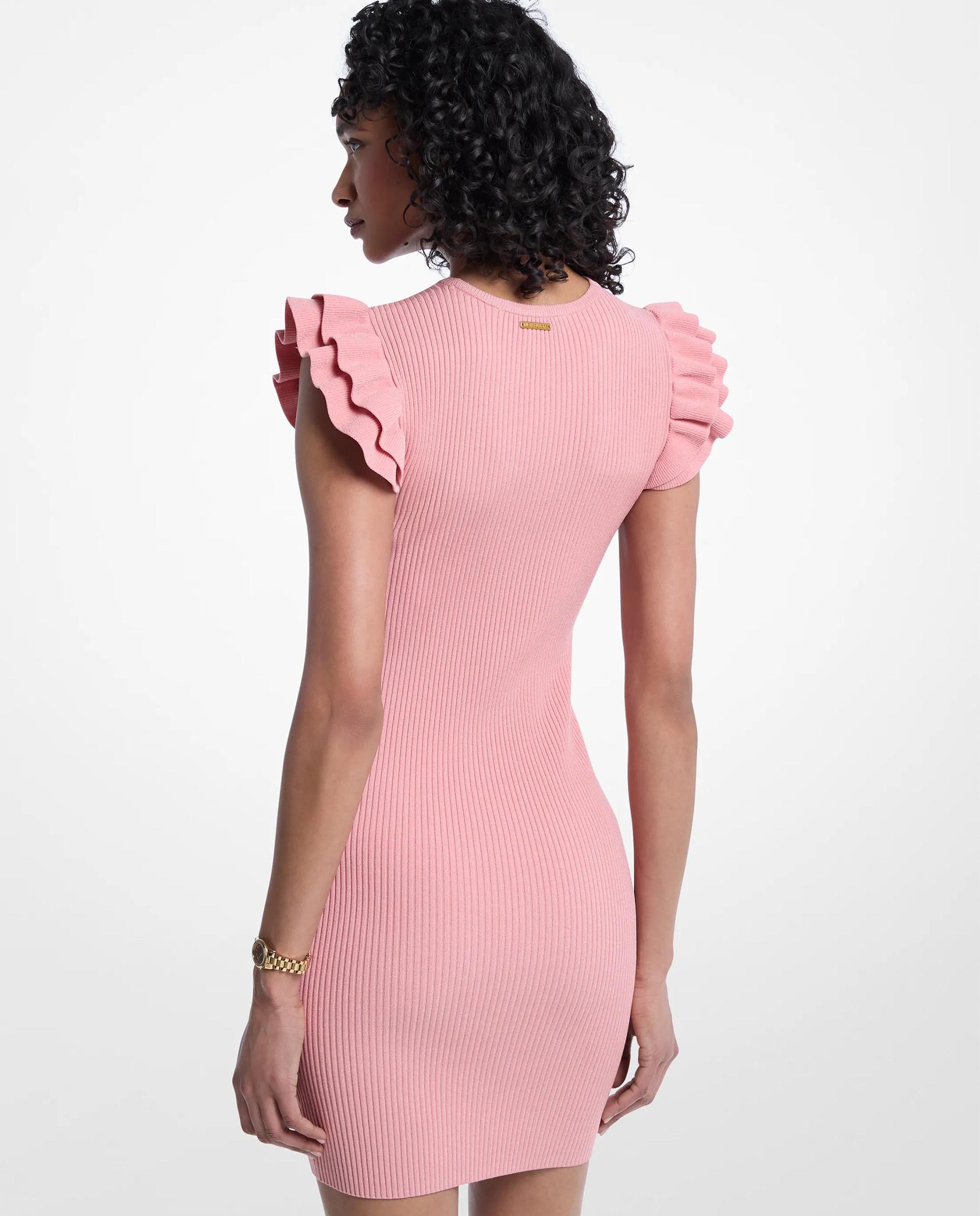 Vestido Curto de Malha Elástica com Folhos Rosa-pastel-2