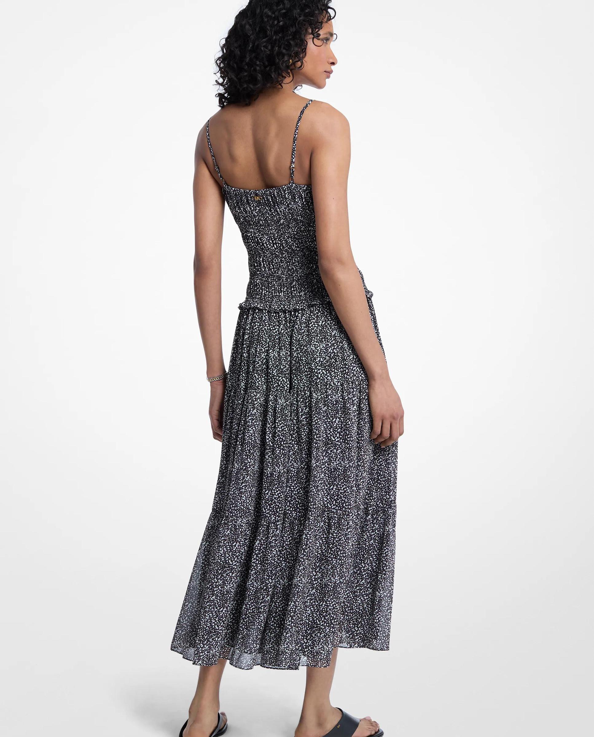 Vestido Comprido Franzido de Georgette Estampado Preto / Branco-2