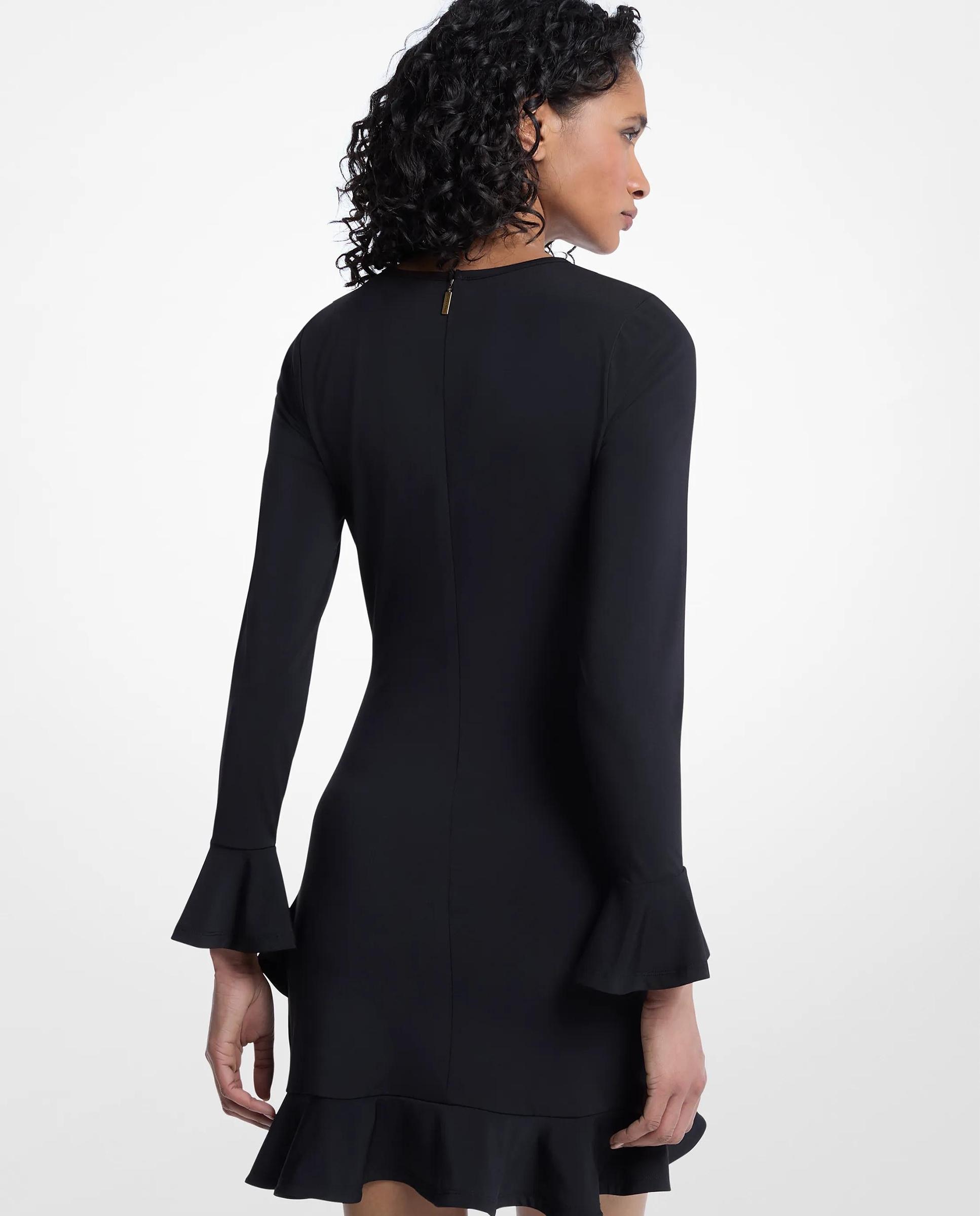 Vestido Curto de Malha Elástica com Folhos Preto-2