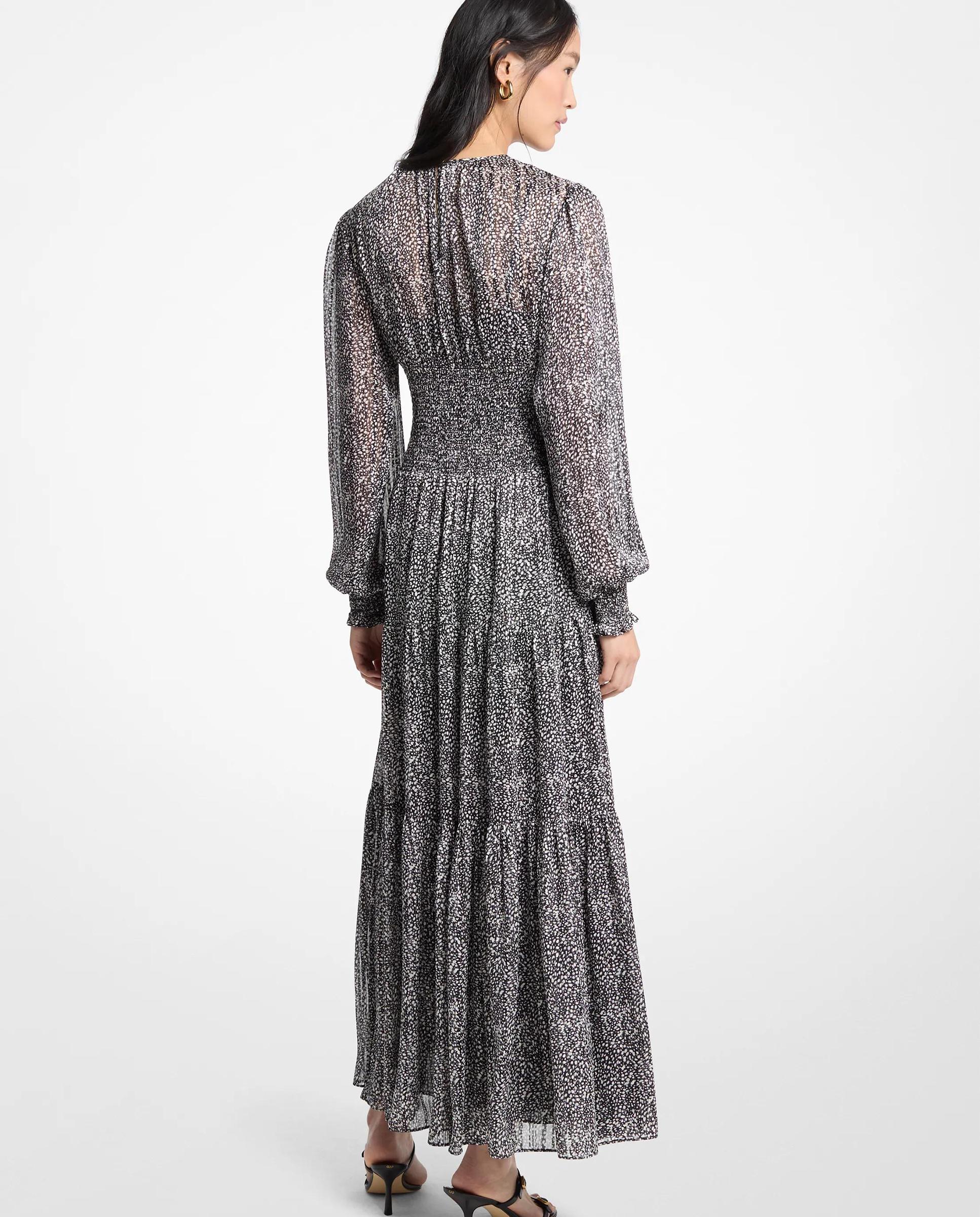 Vestido Comprido de Georgette Franzido Estampado Preto / Branco-2