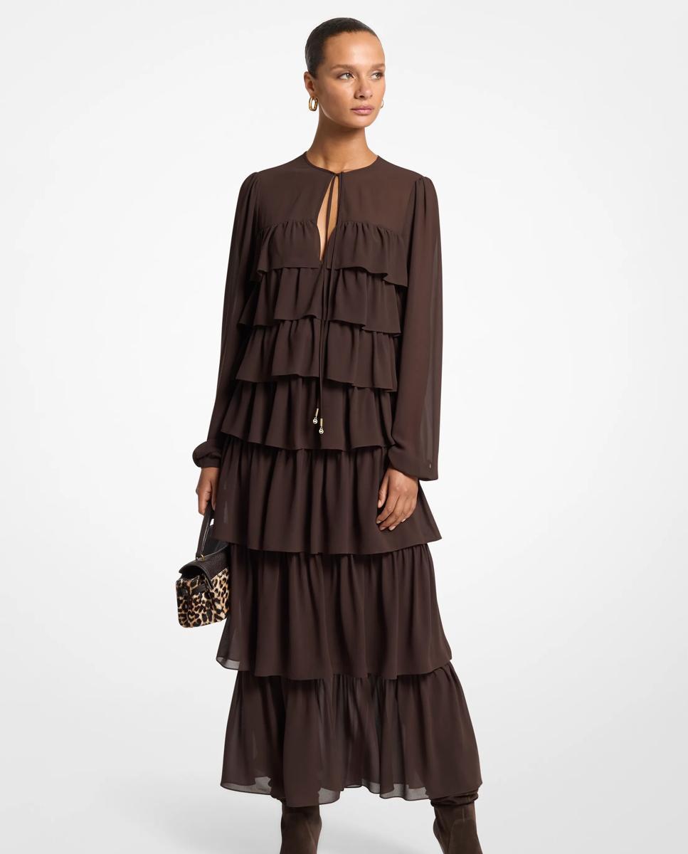 Imagem 0 de Vestido Comprido de Georgette com Folhos