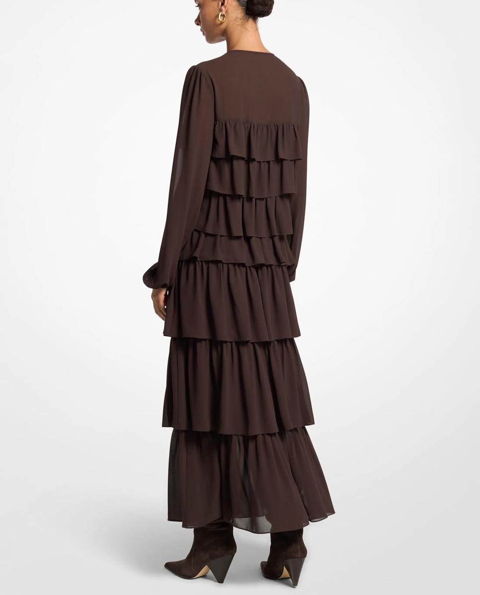 Vestido Comprido de Georgette com Folhos Castanho-chocolate-2