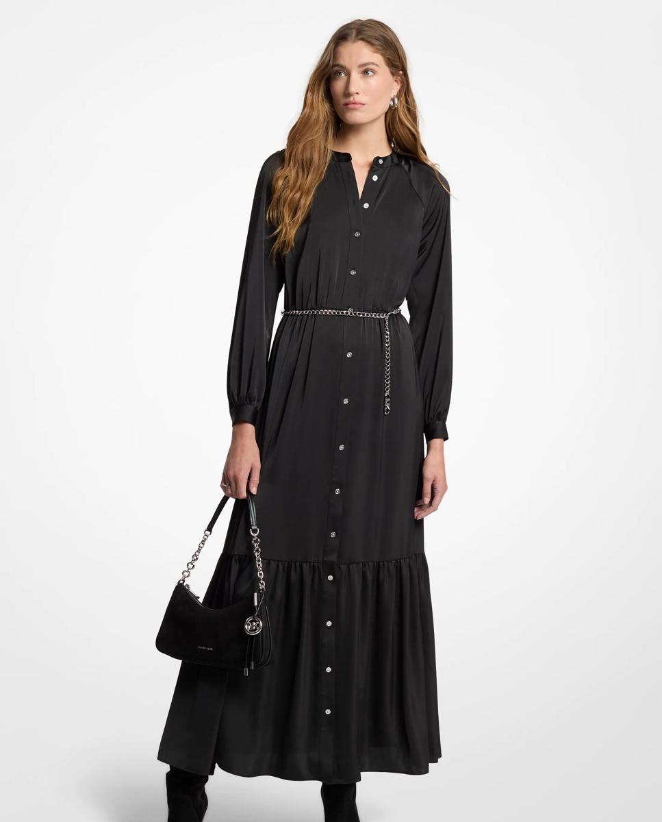 Imagem 0 de Vestido Comprido Tipo Camisa de Cetim com Cinto