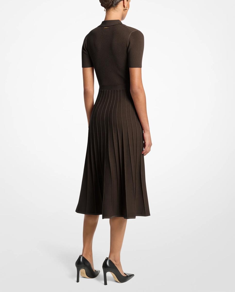 Vestido Midi Tipo Polo de Malha Elástica Canelada Castanho-chocolate-2