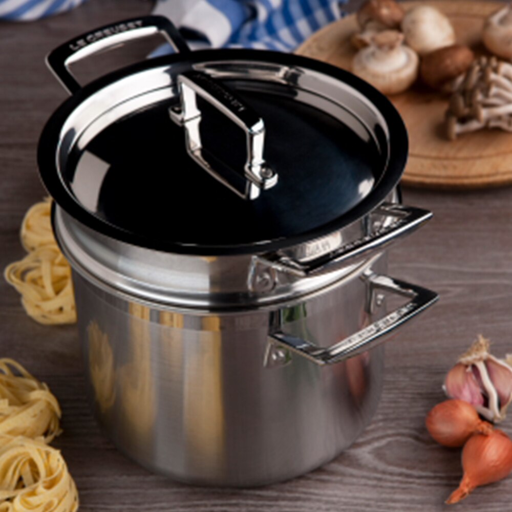 Caçarola de aço inoxidável com tampa e escorredor classic Le Creuset Cinzento-3