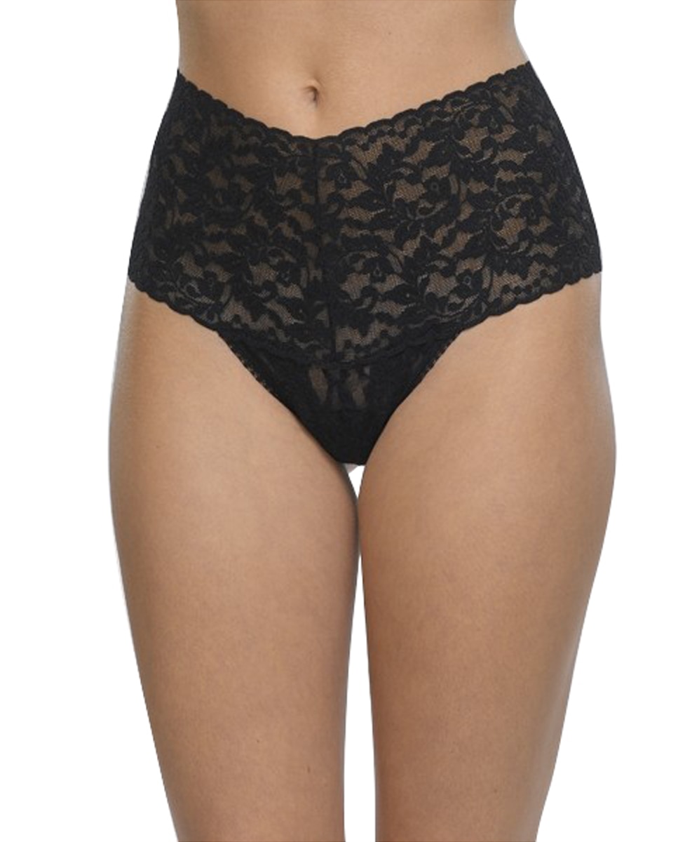 Cueca Retro de Renda de Cintura Alta Preto-1