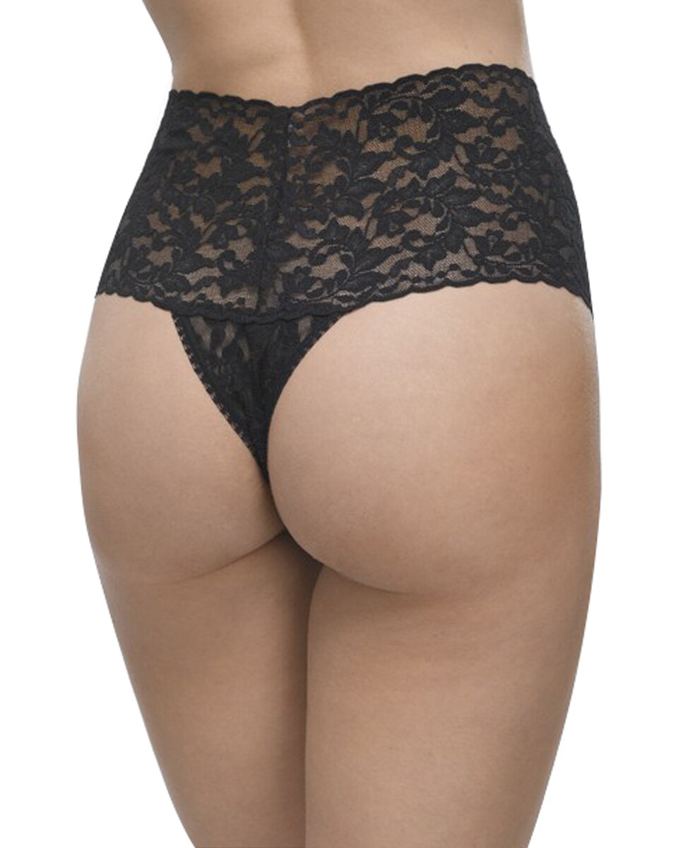 Cueca Retro de Renda de Cintura Alta Preto-2