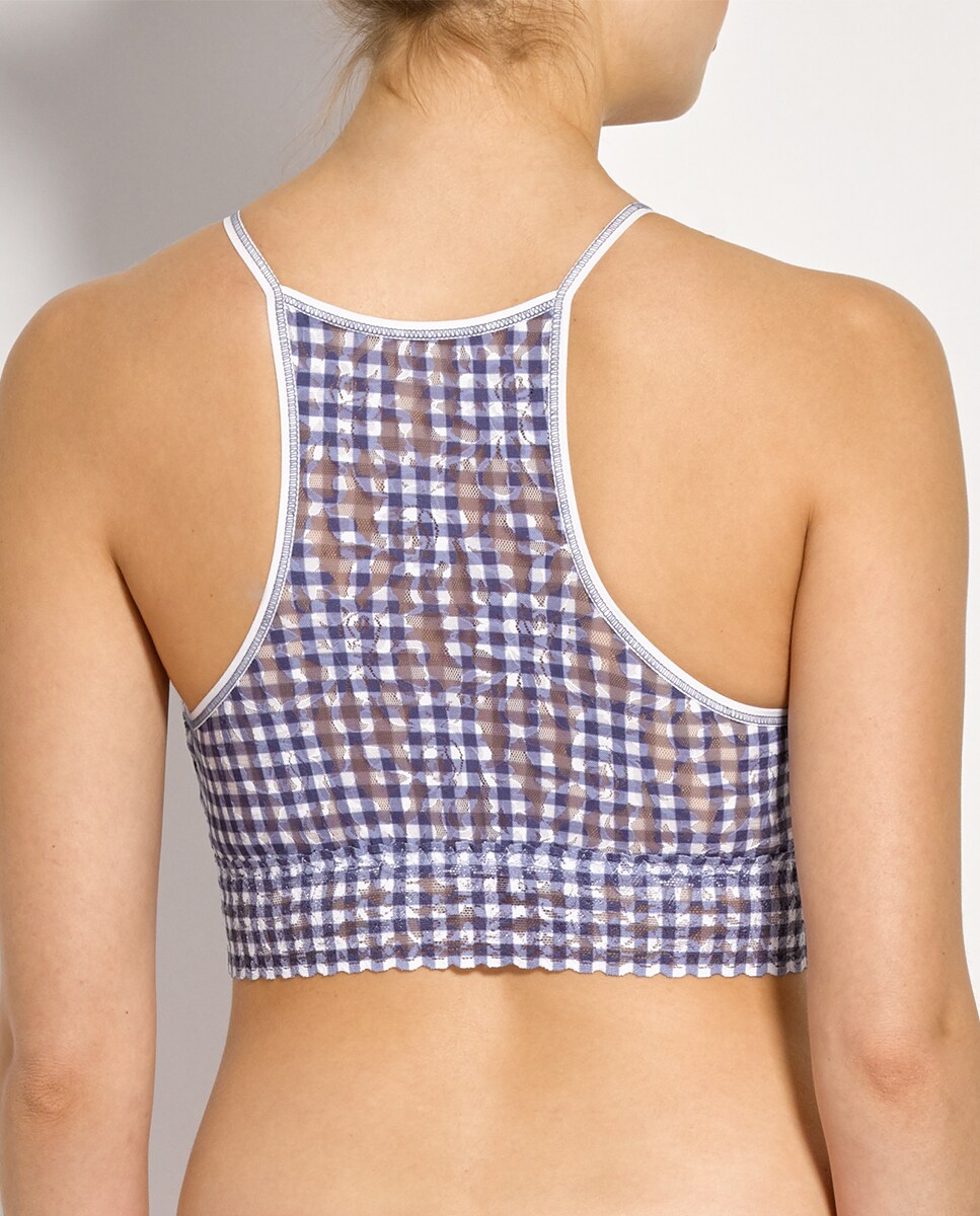 Bralette com Estampado Aos Quadrados Estilo Crop Azul / Branco-2