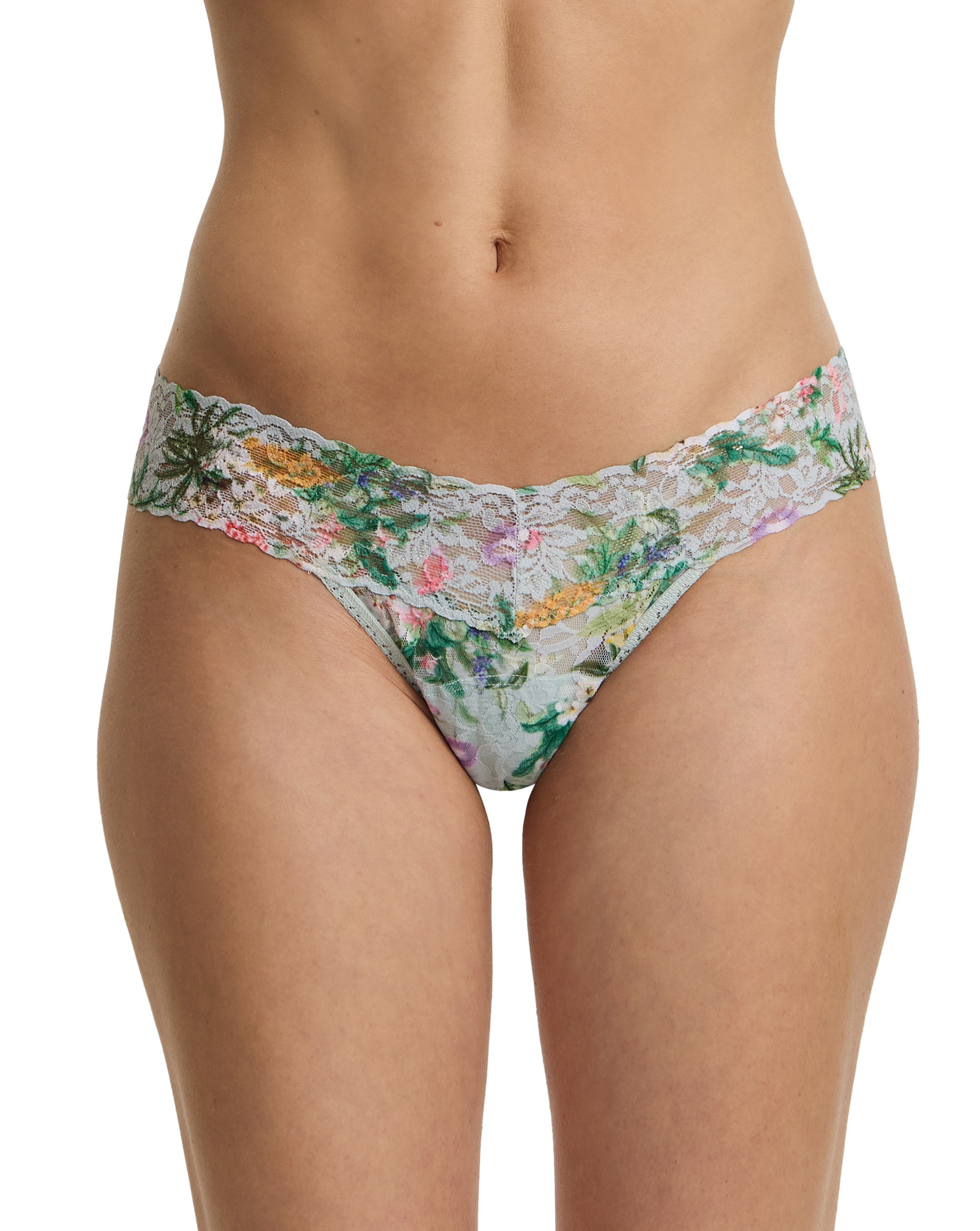 Tanga de Renda Estampada de Cintura Baixa em Forma V Verde-1