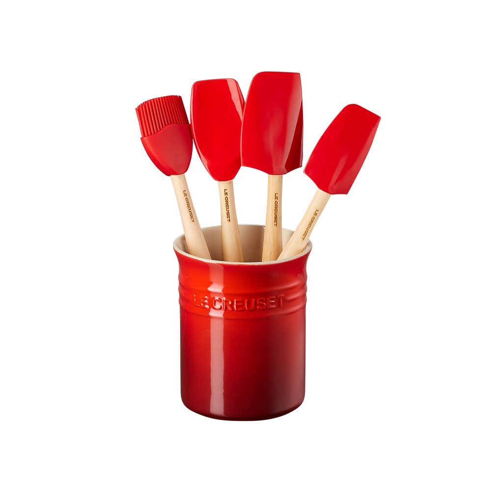 Set 4 espátulas craft + pote de cerâmica de grés Le Creuset Cereja-1