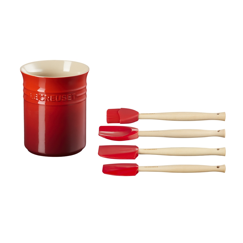 Set 4 espátulas craft + pote de cerâmica de grés Le Creuset Cereja-2