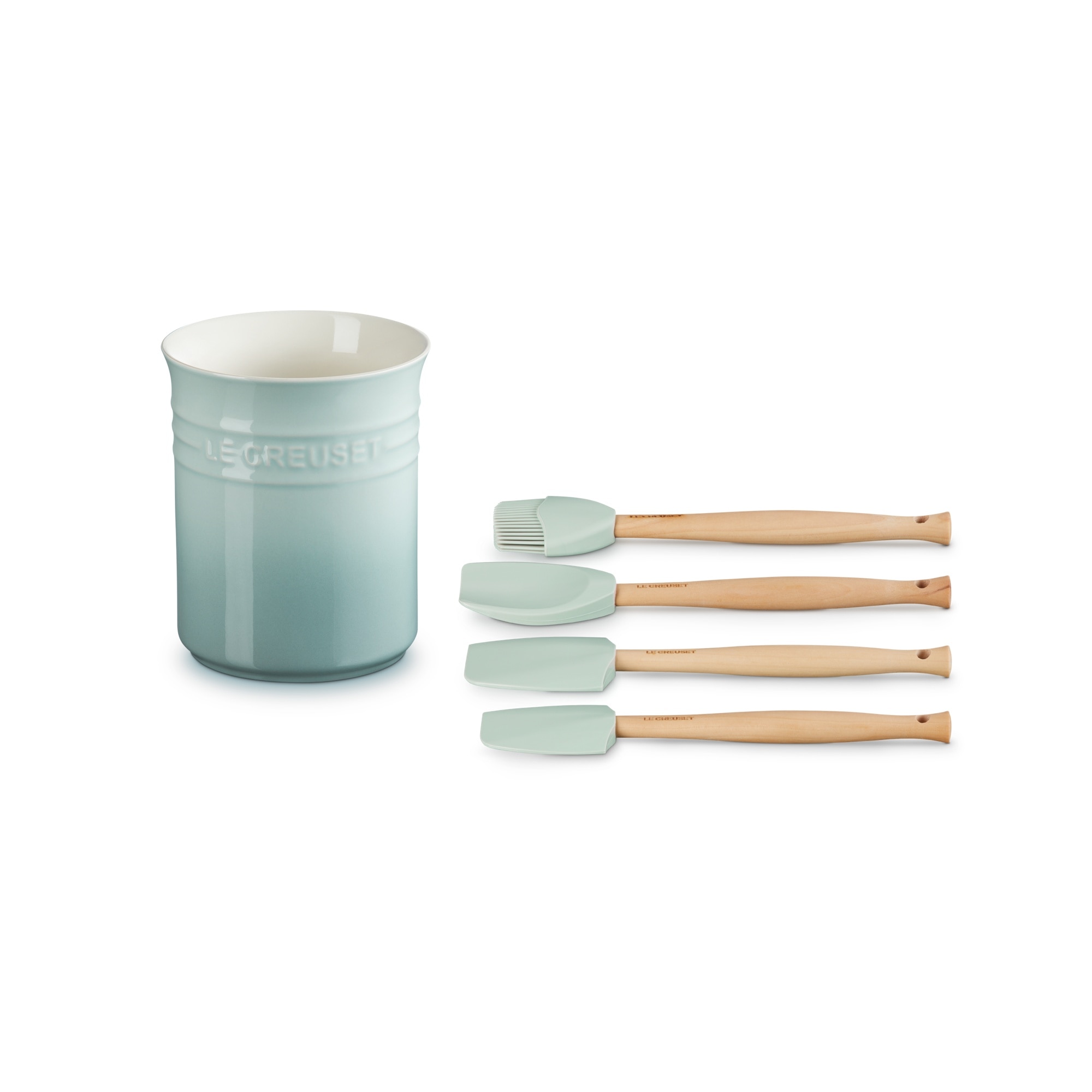 Set 4 espatulas craft + pote de cerâmica de grés Le Creuset Verde-claro-2
