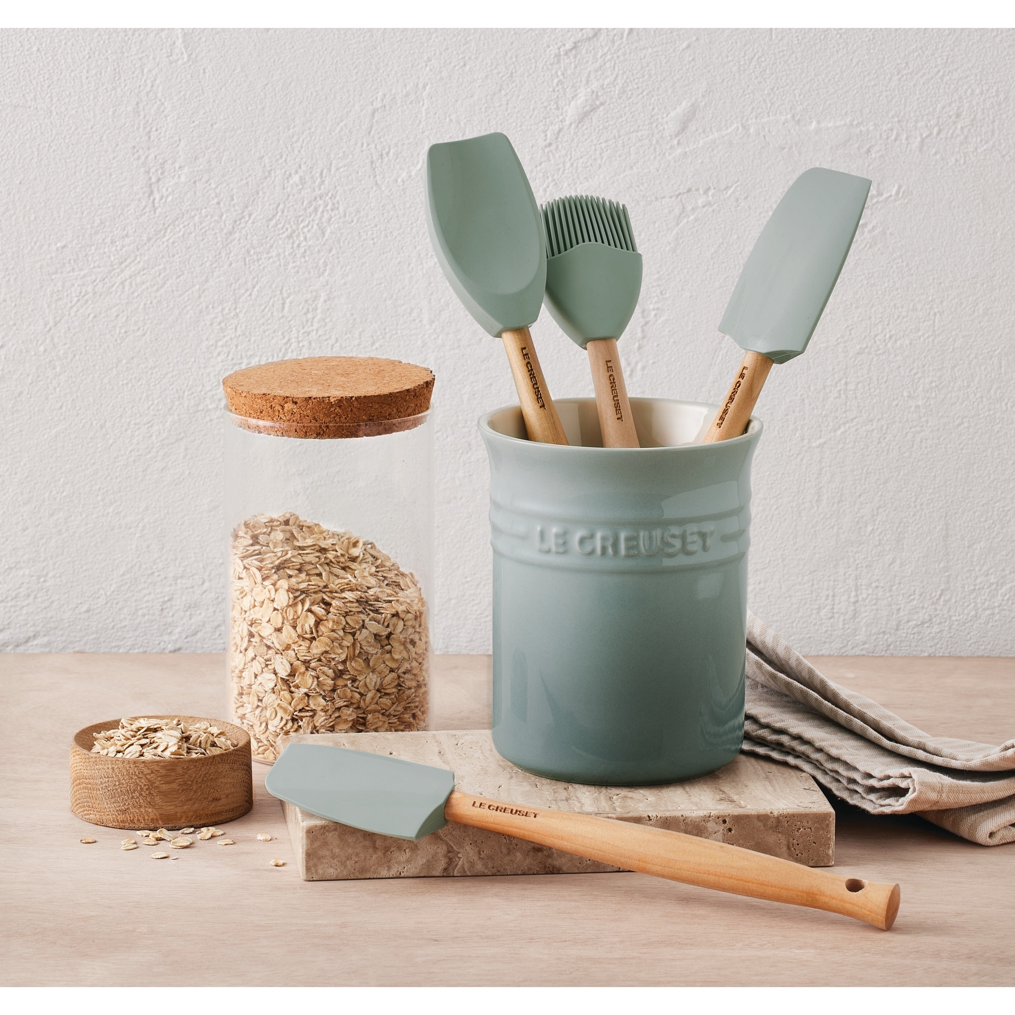 Set 4 espatulas craft + pote de cerâmica de grés Le Creuset Verde-claro-5