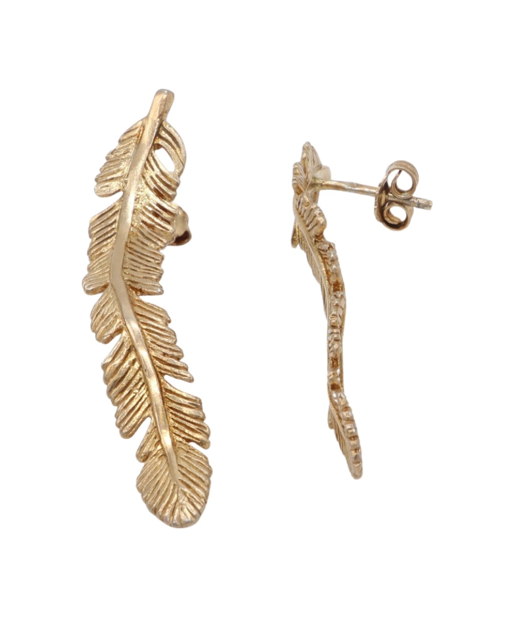 Brincos em Prata Dourada com Folha Comprida Dourado-1