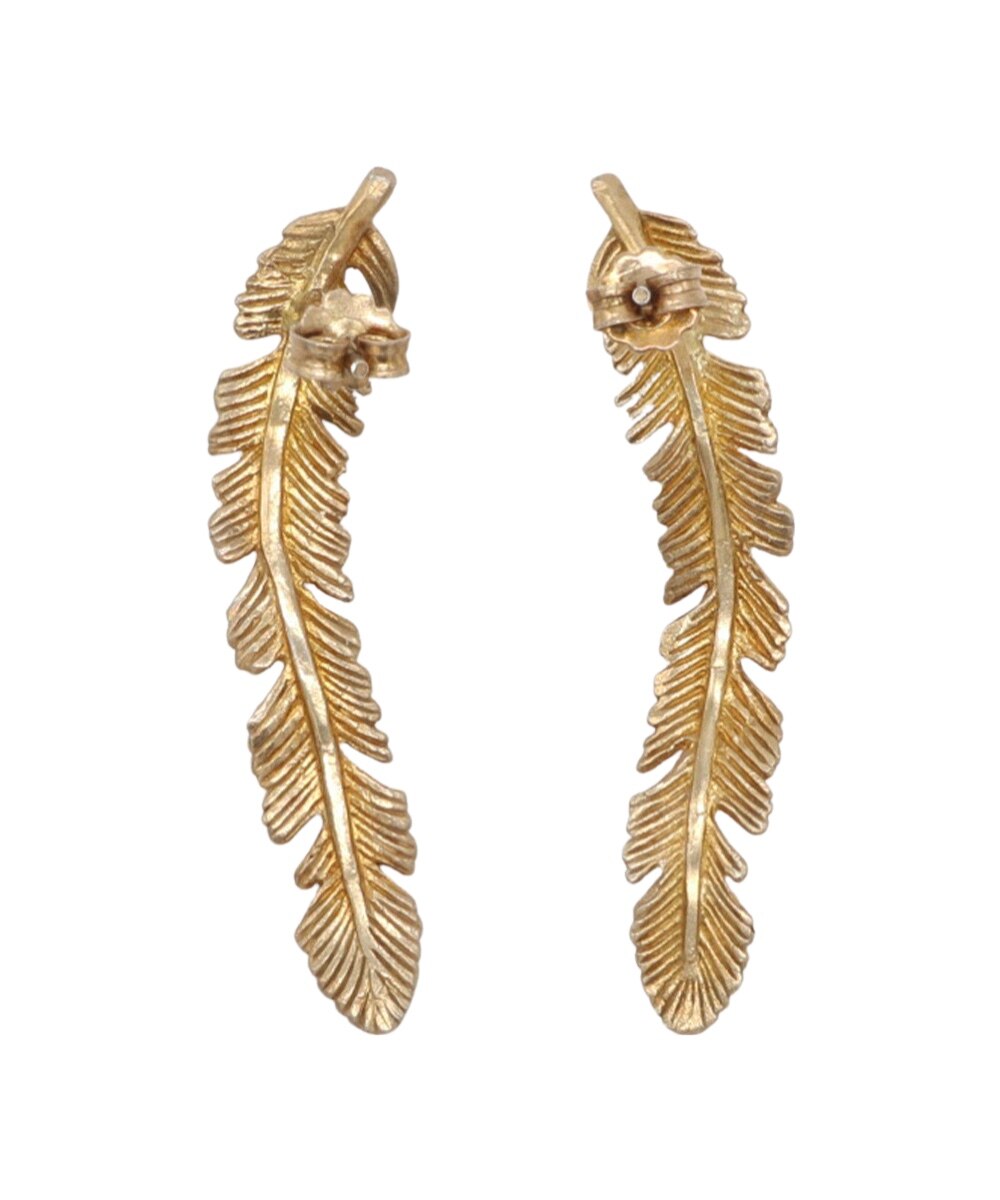 Brincos em Prata Dourada com Folha Comprida Dourado-3