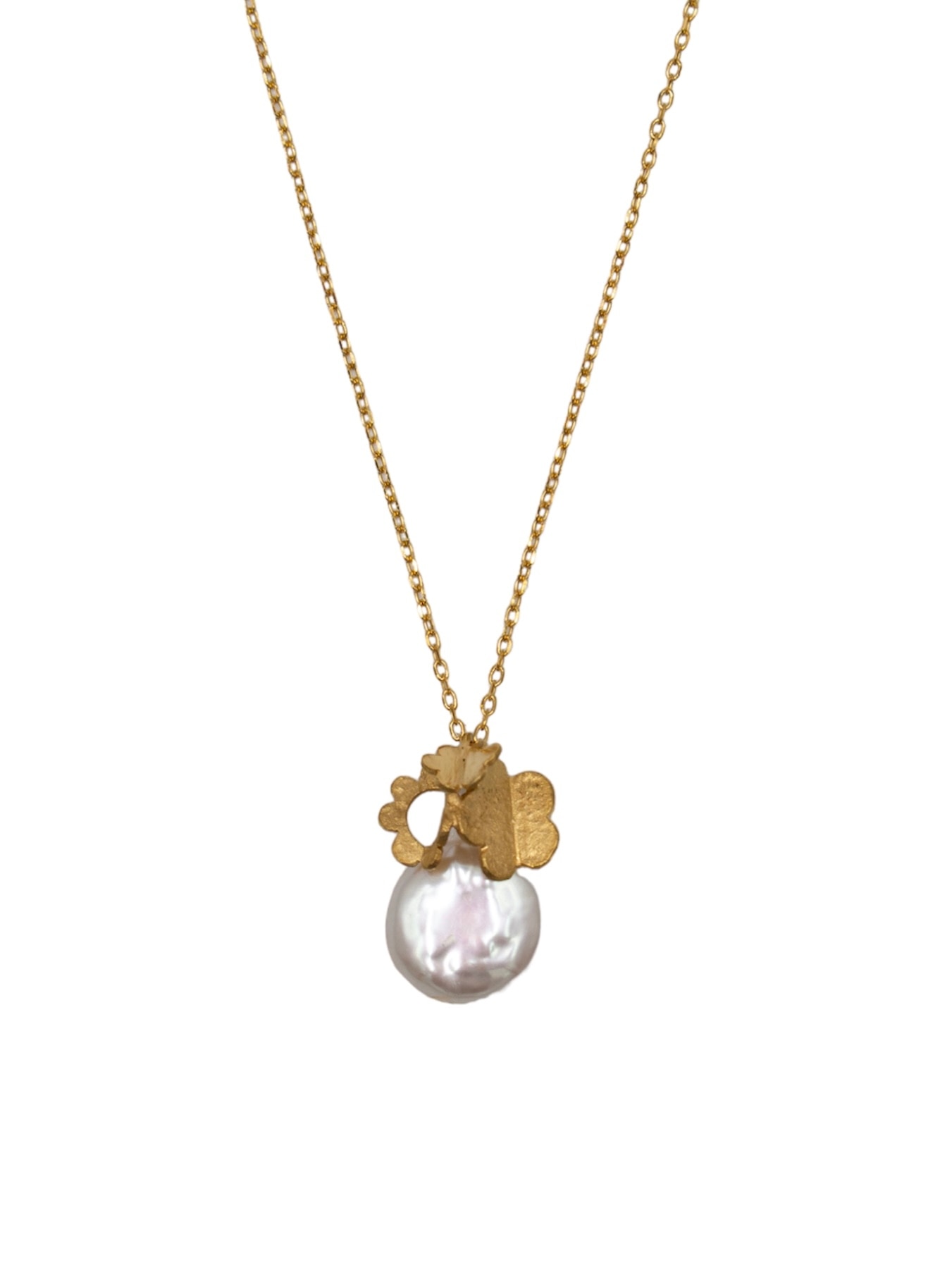 Colar em Prata Dourada com Pérola e Flores Branco-2