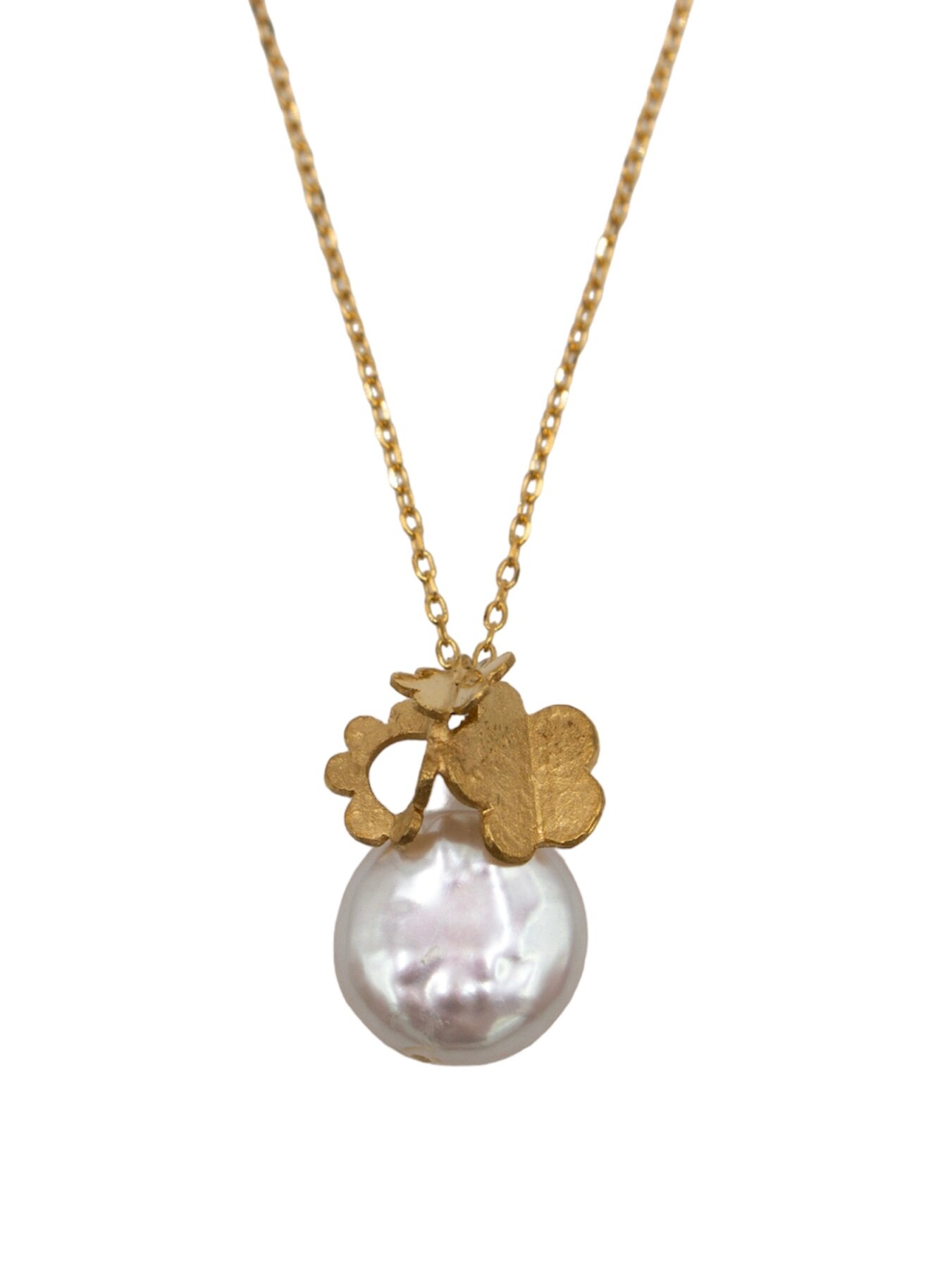 Colar em Prata Dourada com Pérola e Flores Branco-3