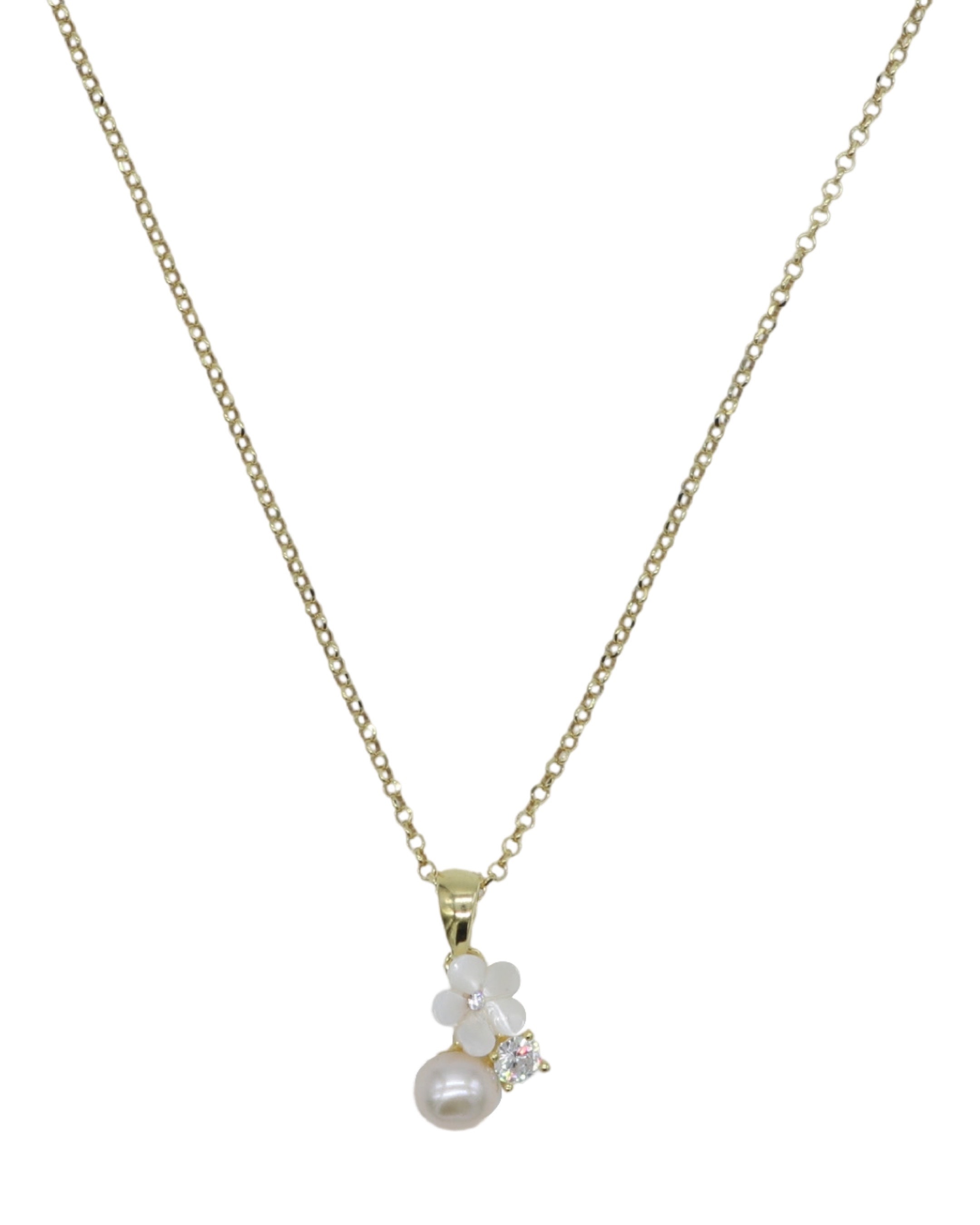 Colar de Prata Dourada com Flor com Pérola Branco-1