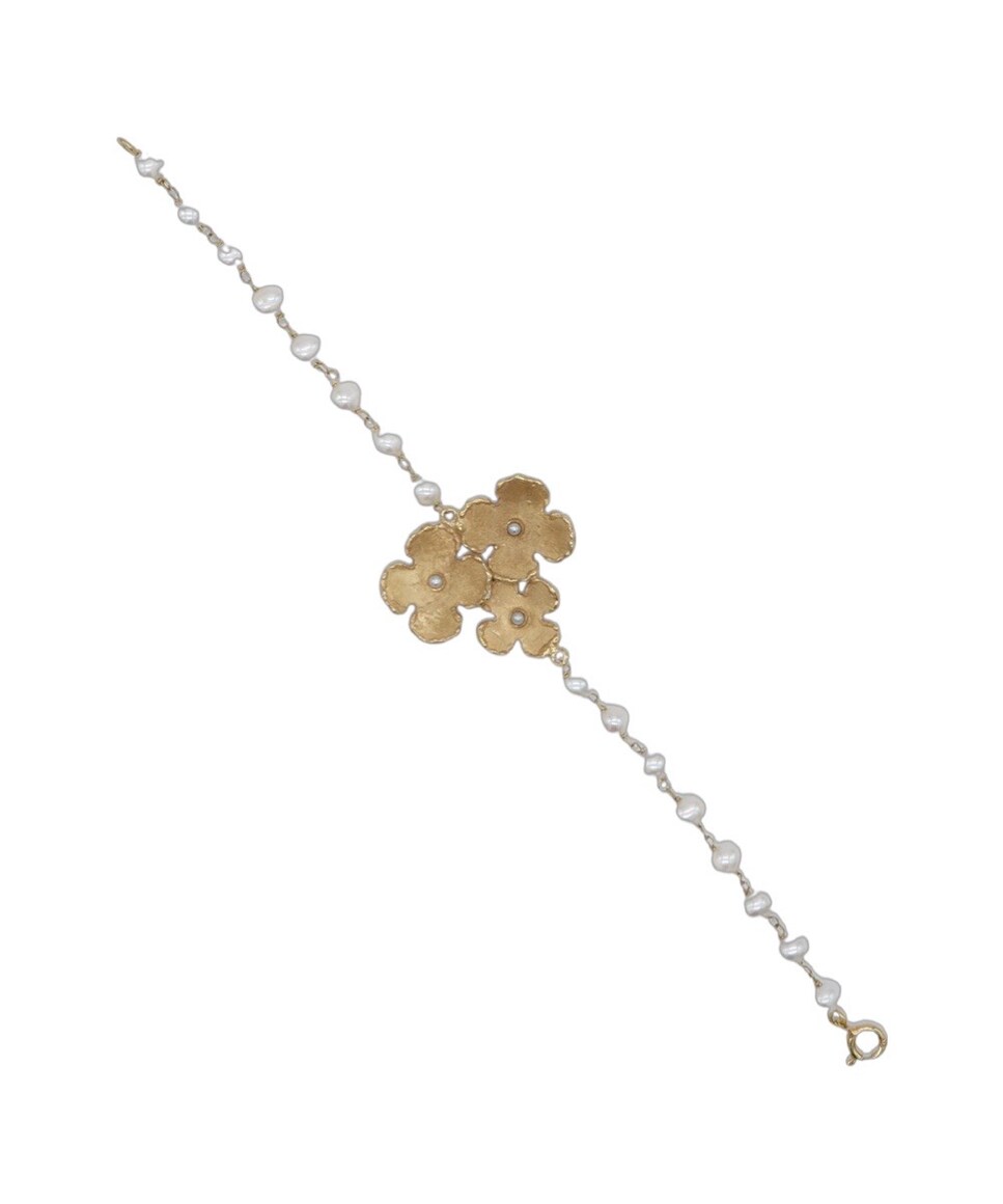 Pulseira com Pérolas com Três Flores Branco-2