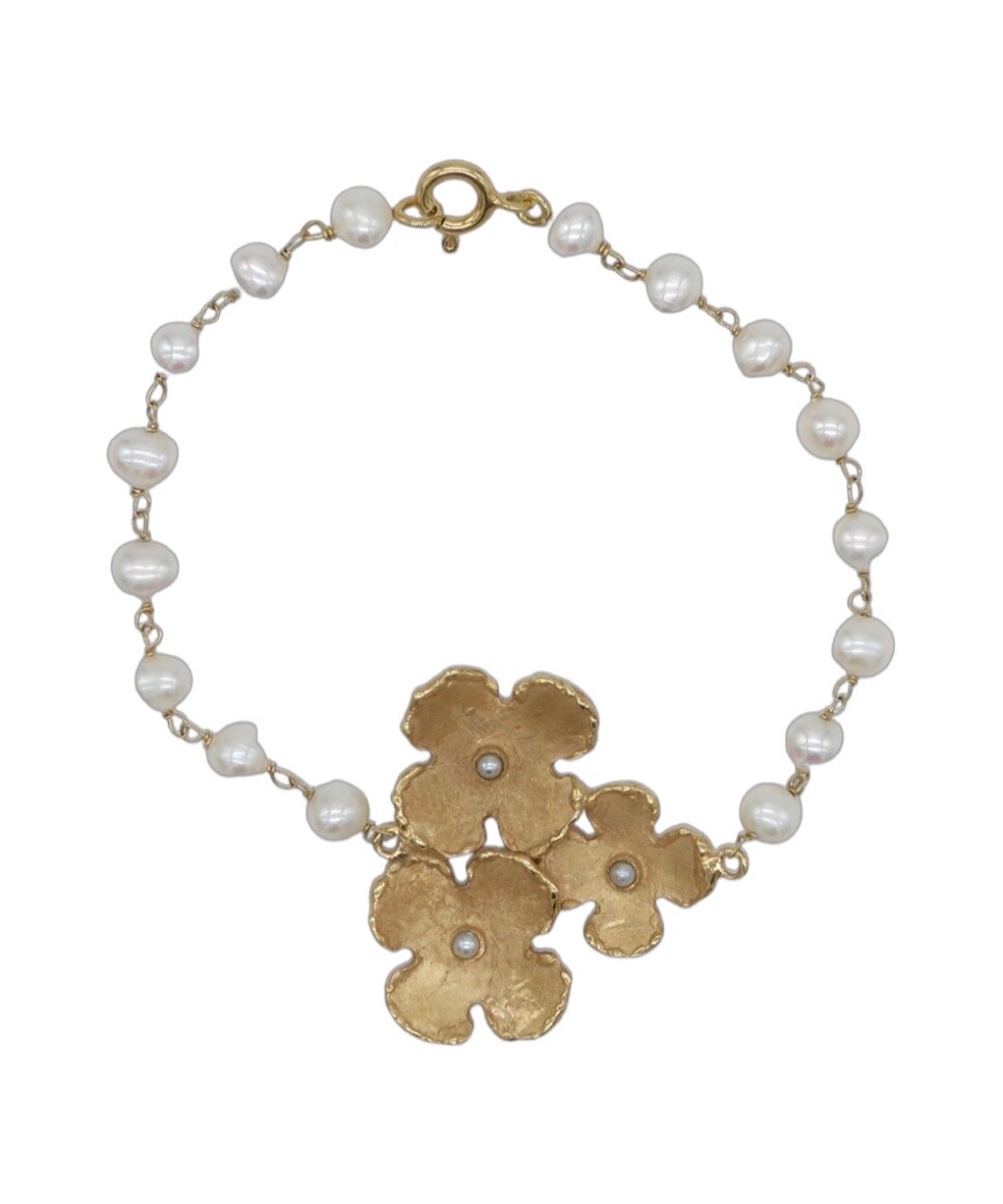Pulseira com Pérolas com Três Flores Branco-3