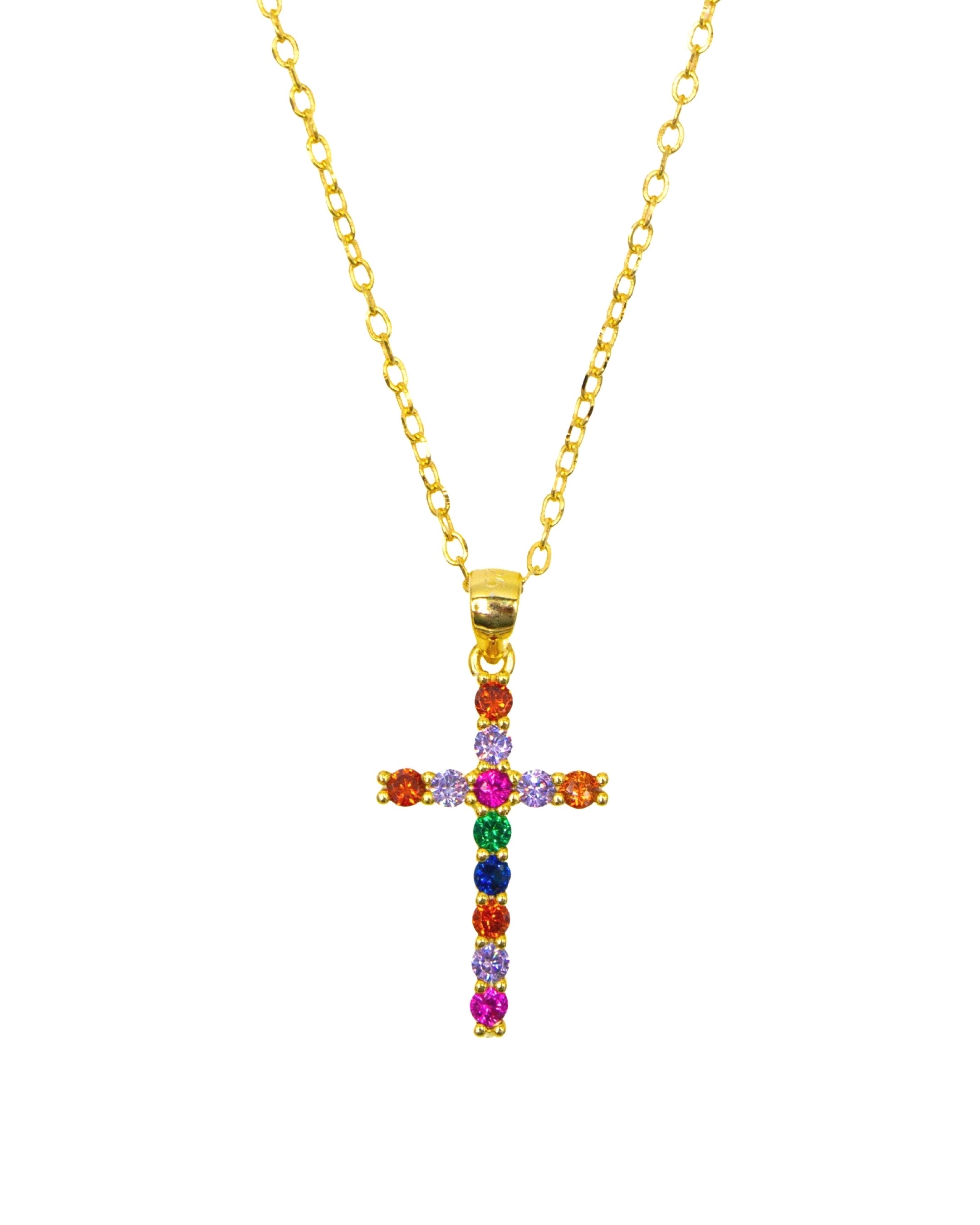 Colar em Prata Dourada com Cruz com Zircónias Multicolor Multicolor-1