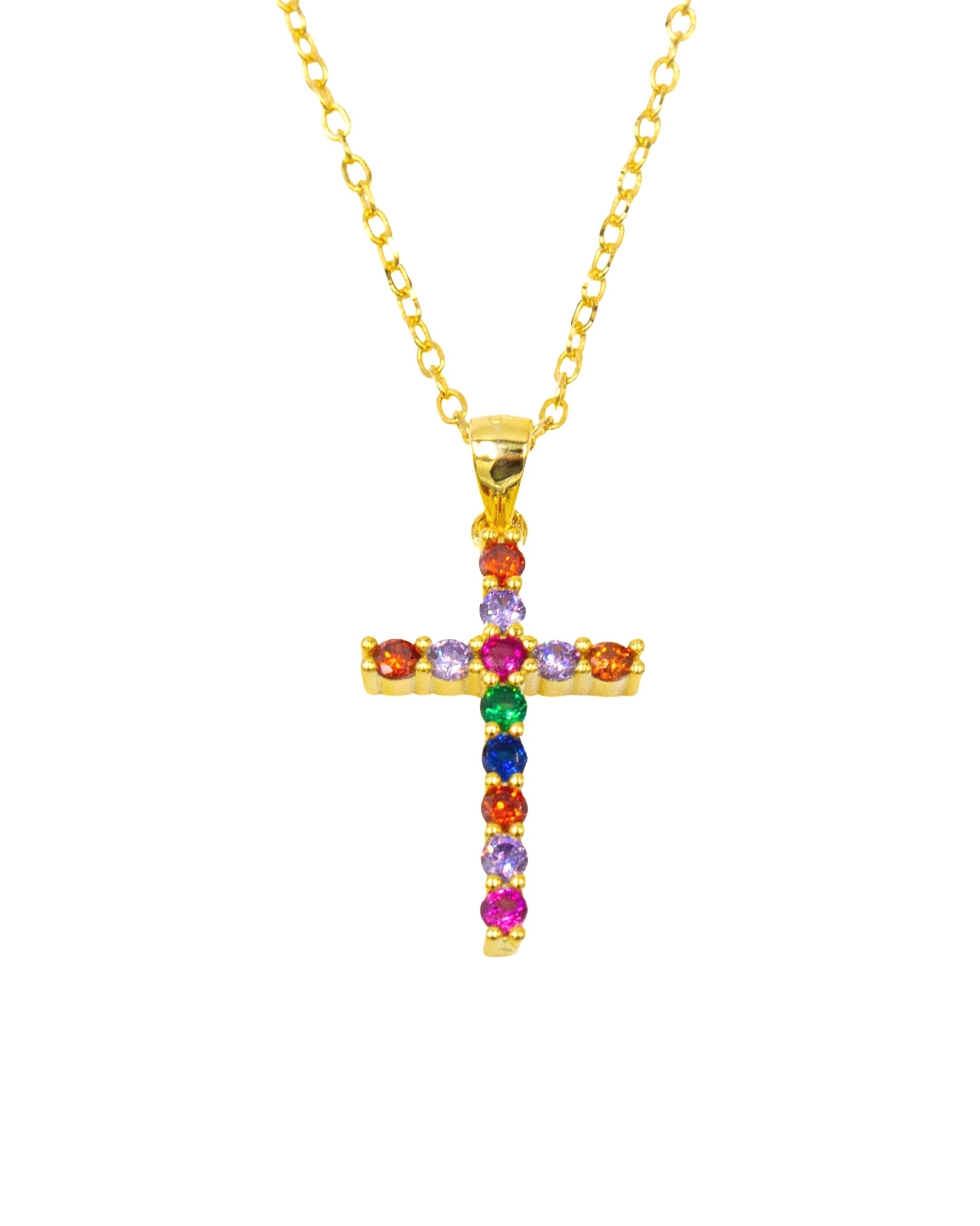 Colar em Prata Dourada com Cruz com Zircónias Multicolor Multicolor-2