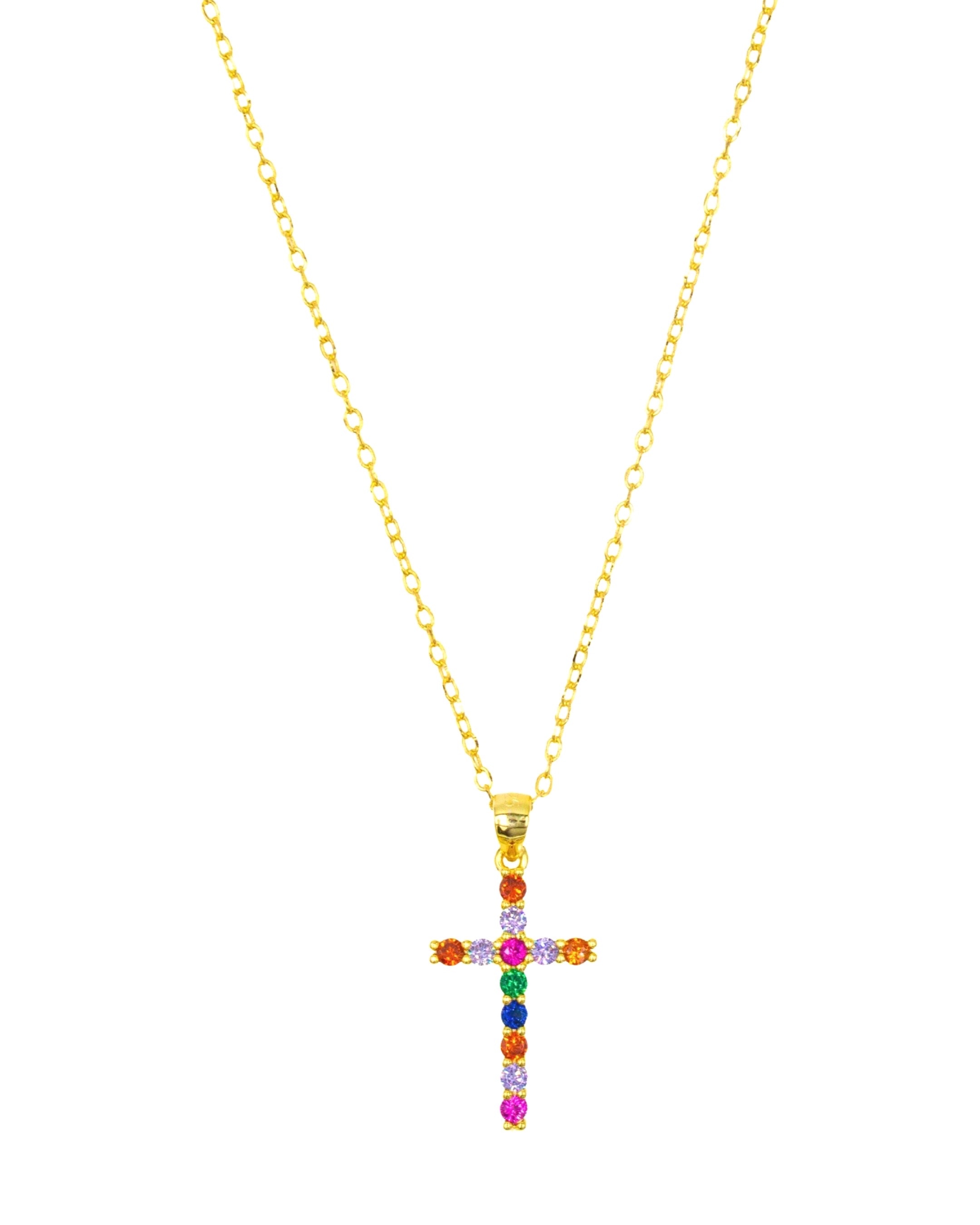Colar em Prata Dourada com Cruz com Zircónias Multicolor Multicolor-3