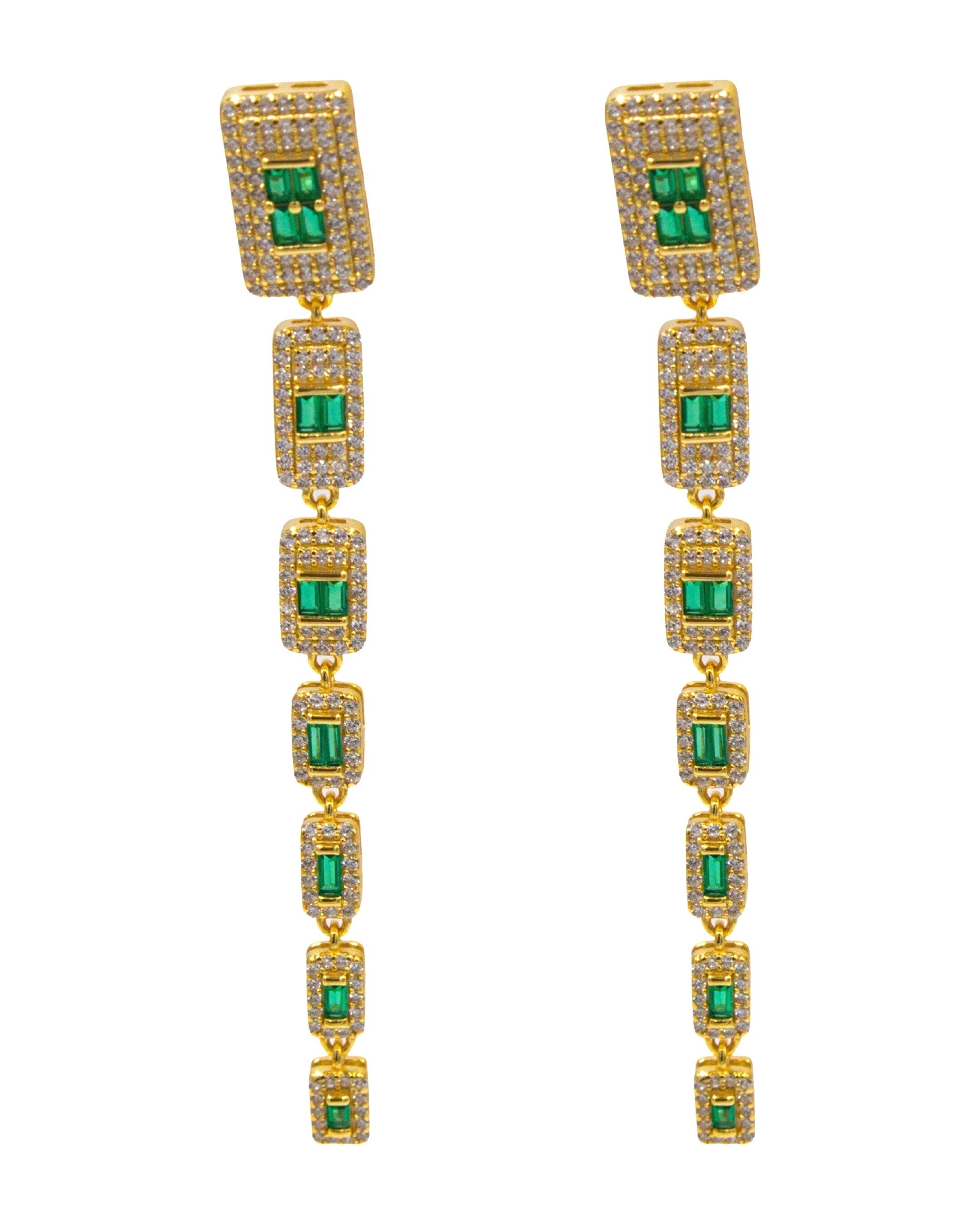 Brincos em Prata Dourada com Retângulos com Pedras Verdes Verde-2