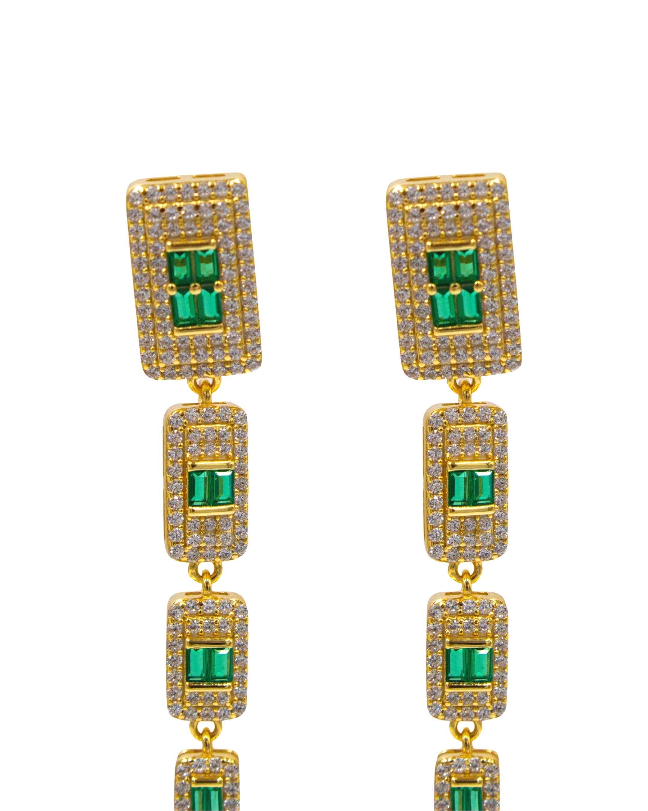 Brincos em Prata Dourada com Retângulos com Pedras Verdes Verde-3