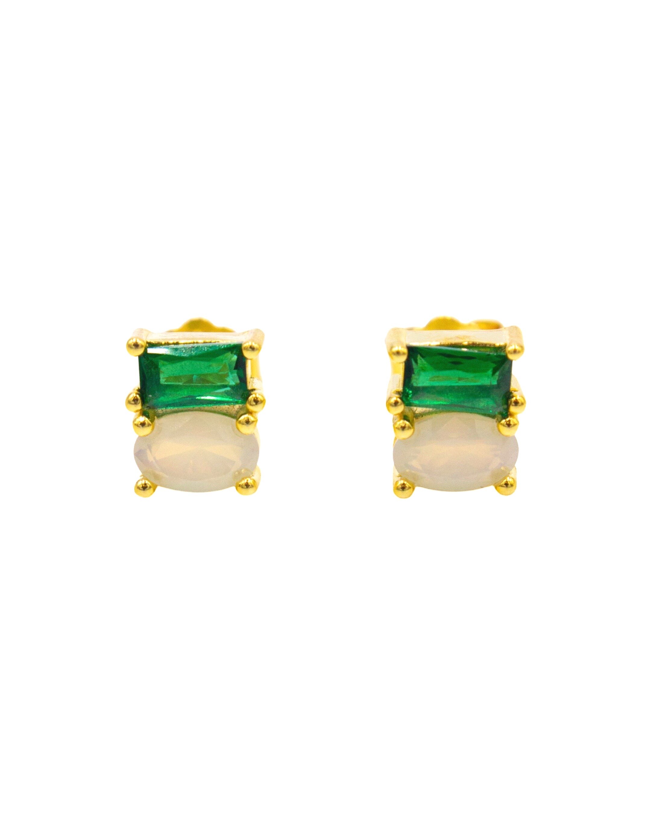 Brincos em Prata Dourada com Zircão Branco e Zircão Verde Verde-1