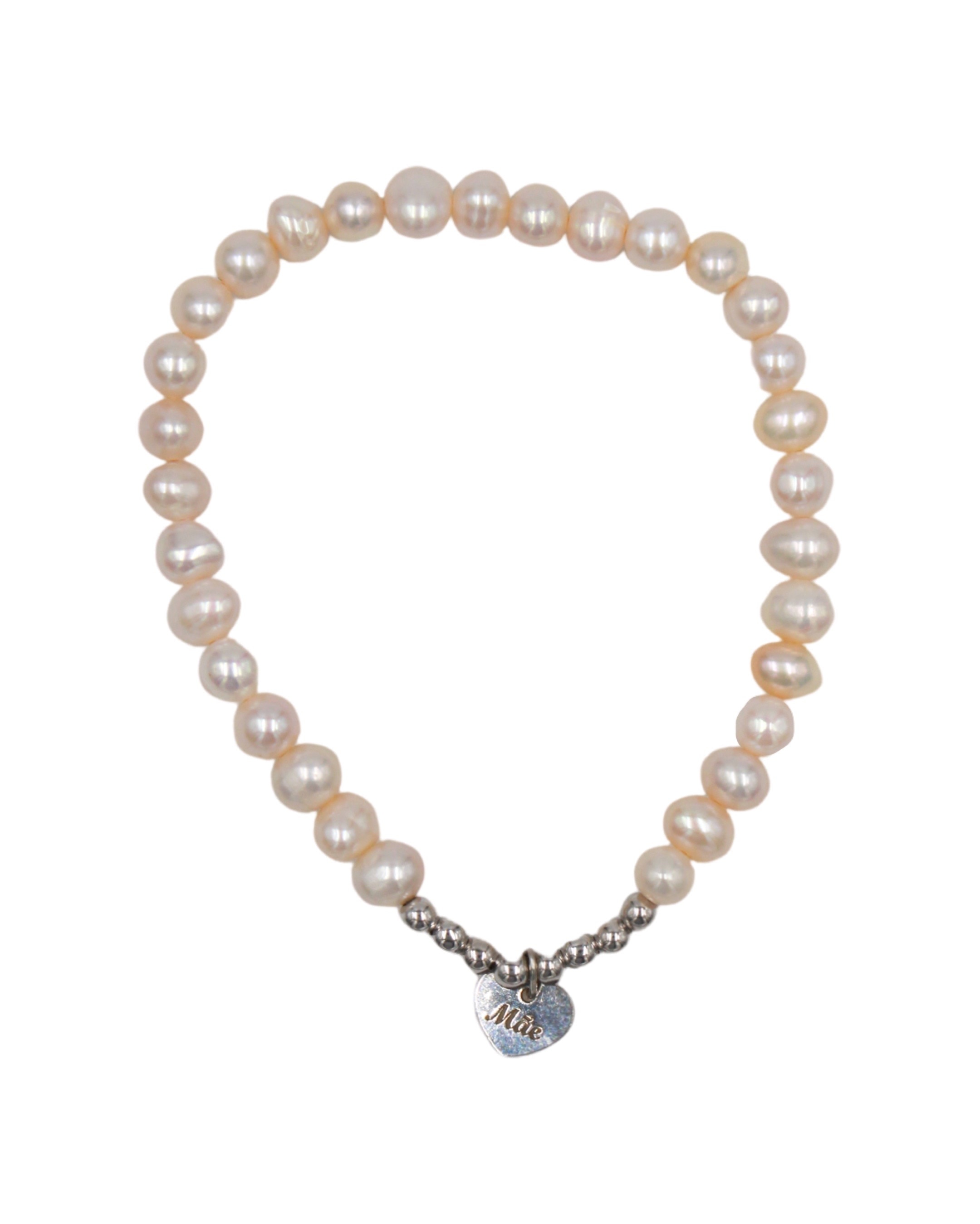 Pulseira de Pérolas com Bolas e Medalha Coração "Mãe" em Prata Branco-1