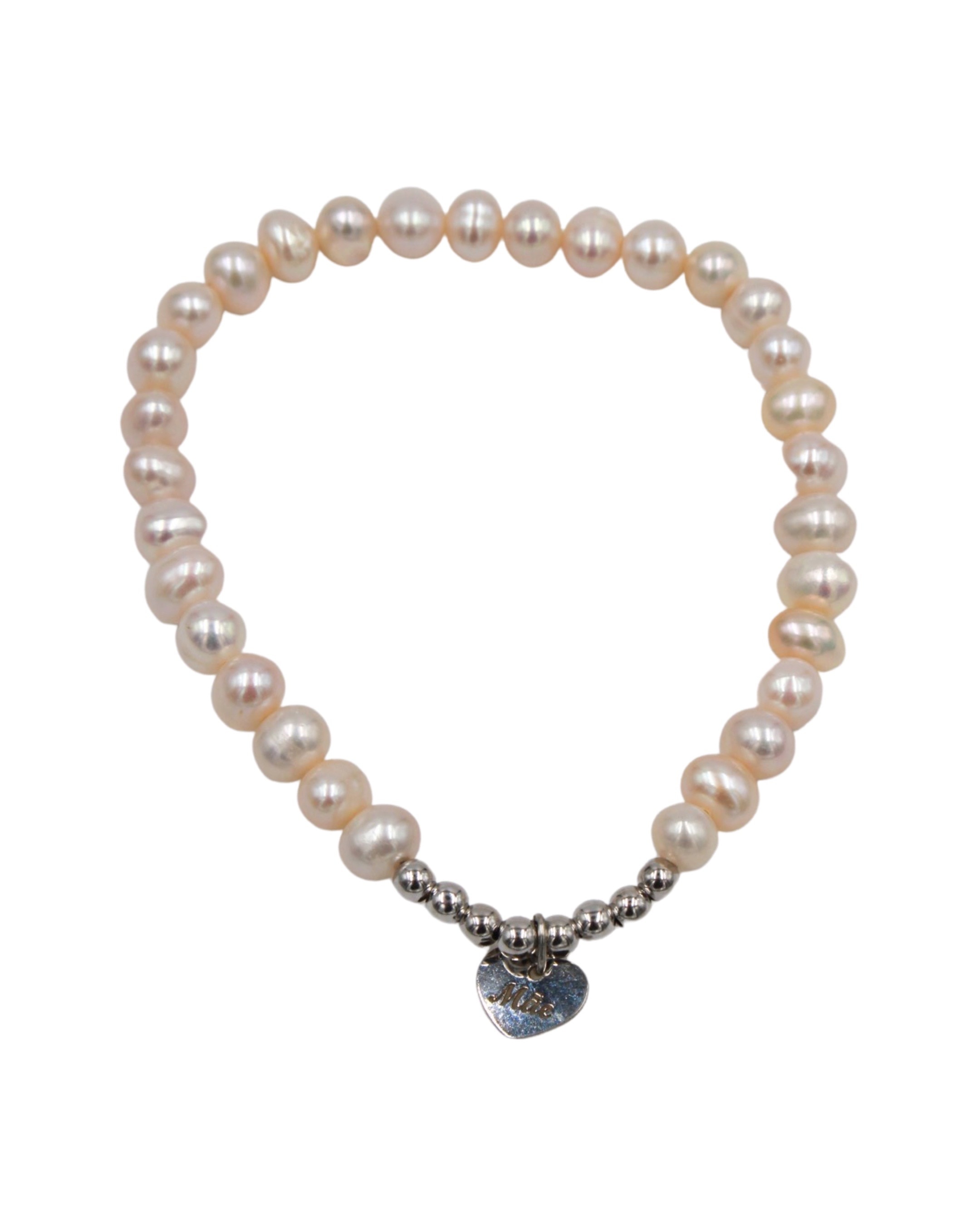 Pulseira de Pérolas com Bolas e Medalha Coração "Mãe" em Prata Branco-2