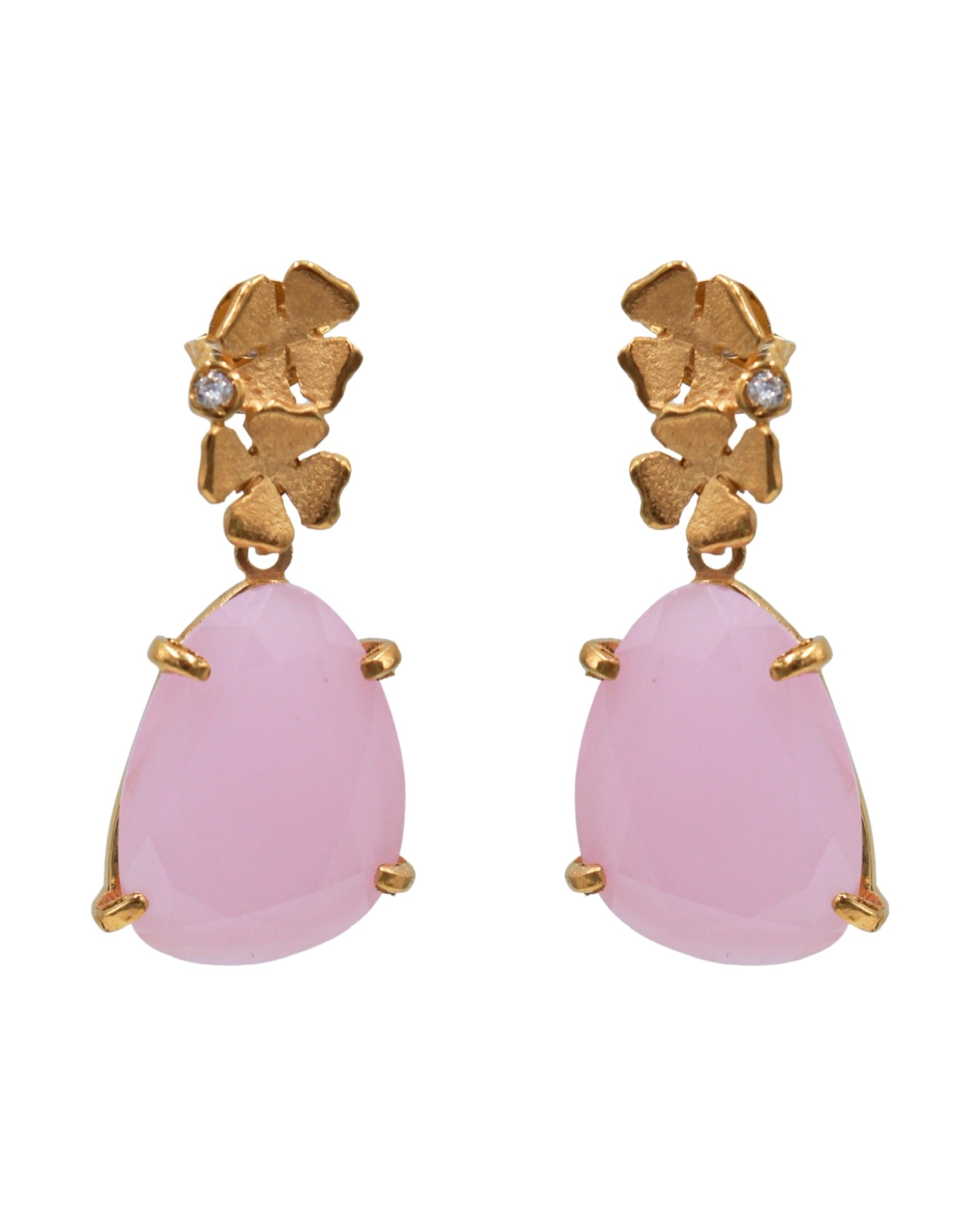 Brincos em Prata Dourada com 2 Flores e Pedra Rosa Rosa-1