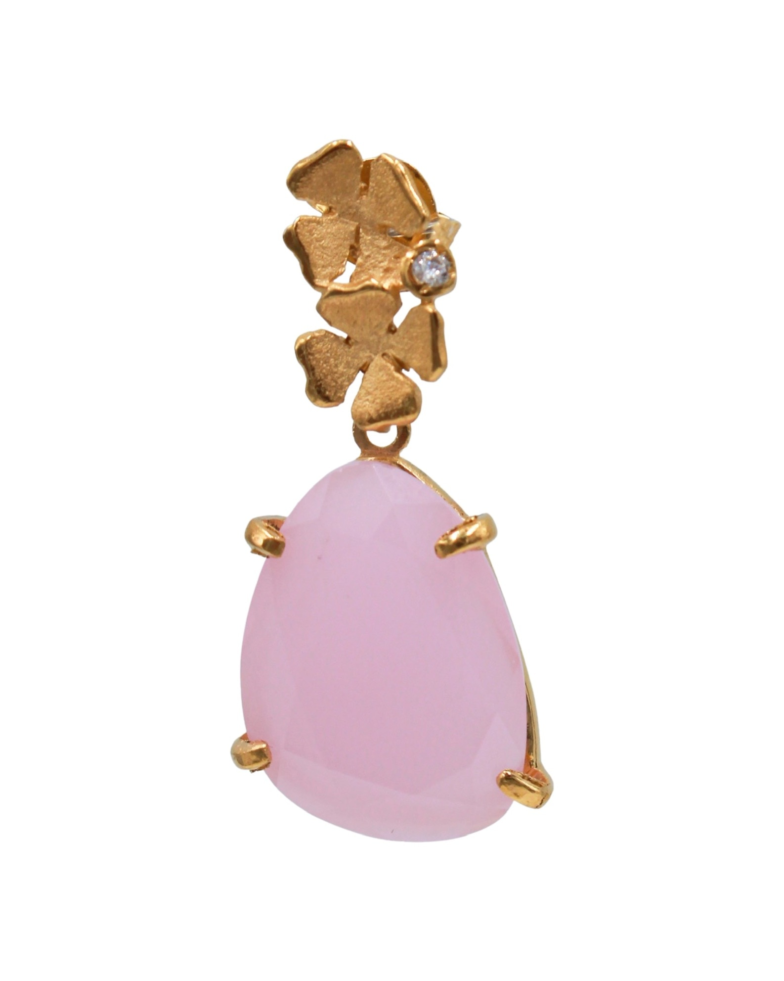 Brincos em Prata Dourada com 2 Flores e Pedra Rosa Rosa-2