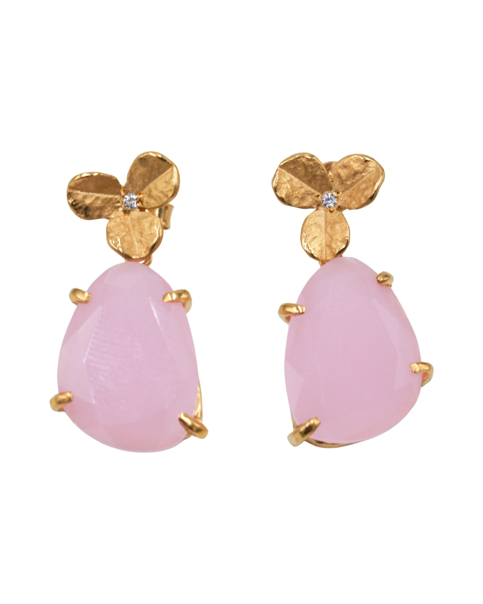 Brincos em Prata Dourada com Flor e Pedra Rosa Rosa-1