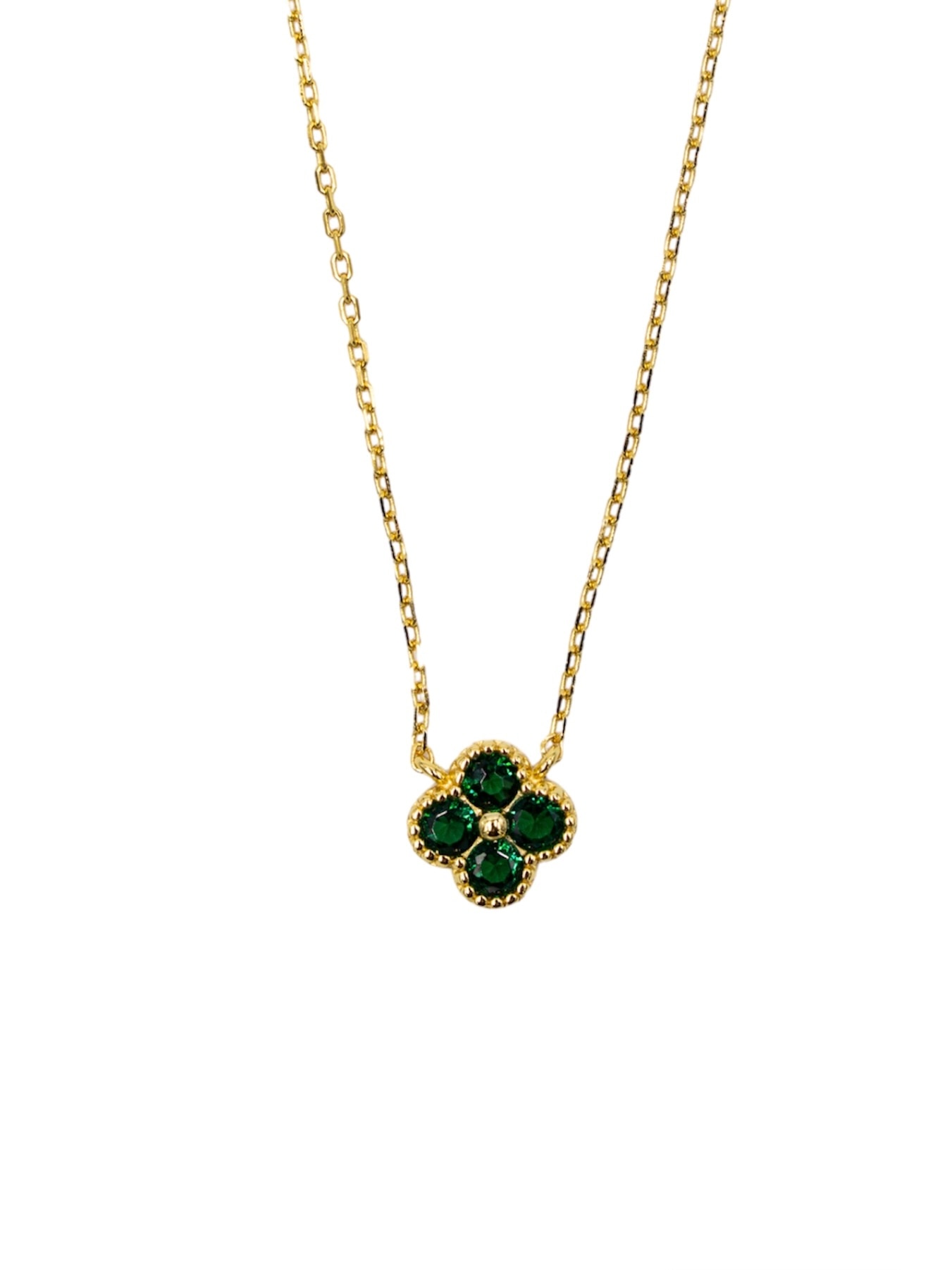 Colar em Prata Dourada com Flor com Zircões Verdes Verde-1