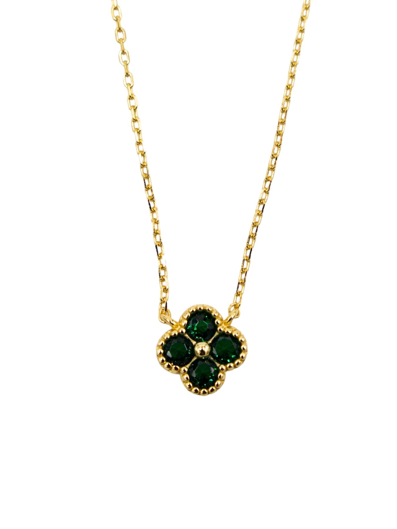 Colar em Prata Dourada com Flor com Zircões Verdes Verde-2