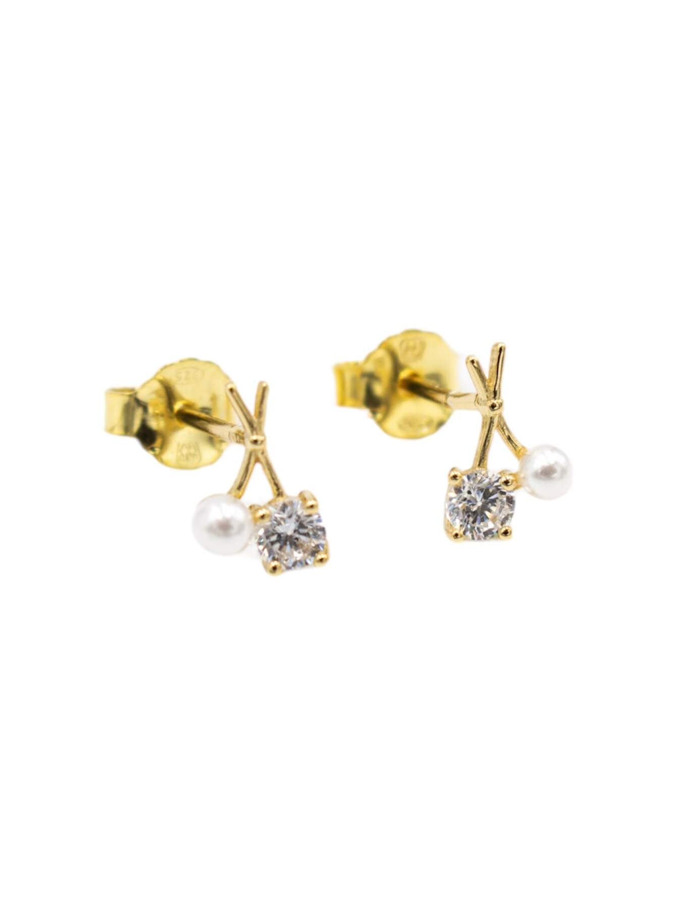 Brincos em Prata Dourada com Zircónia e Pérola Branco-3