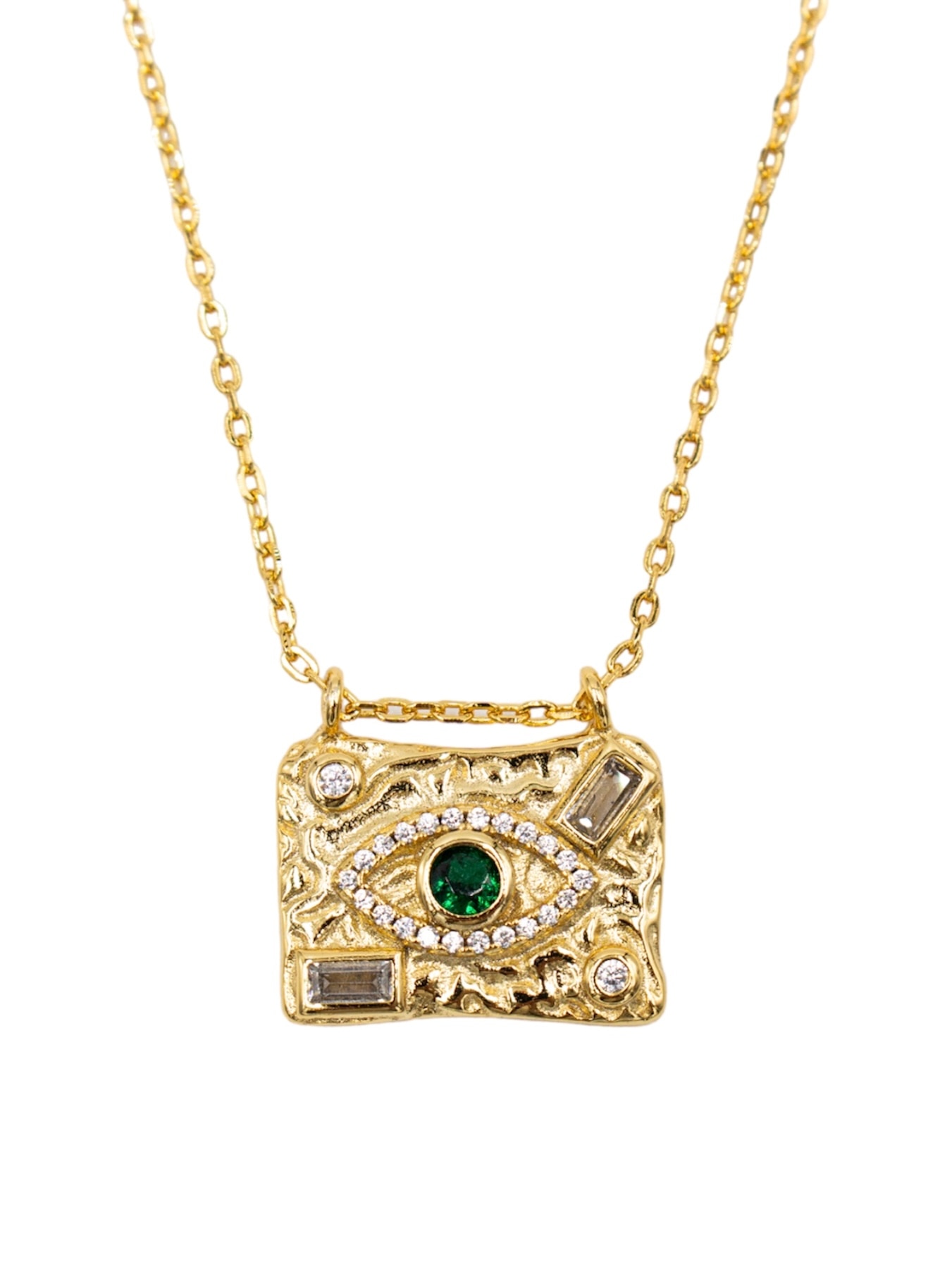 Colar em Prata Dourada com Medalha com Olho Turco Verde-2
