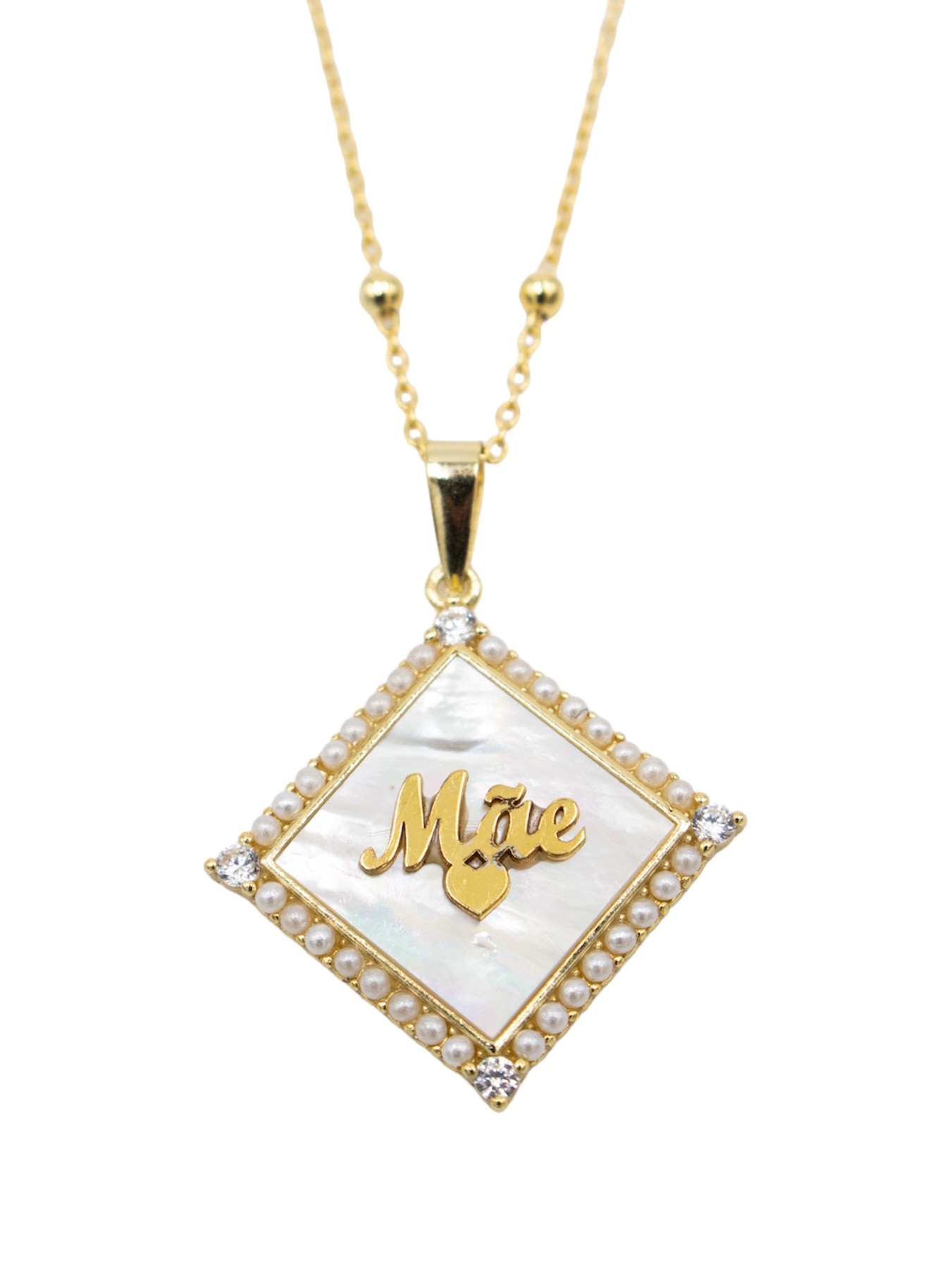 Colar em Prata Dourada com Medalha em Madrepérola "Mãe Branco-1