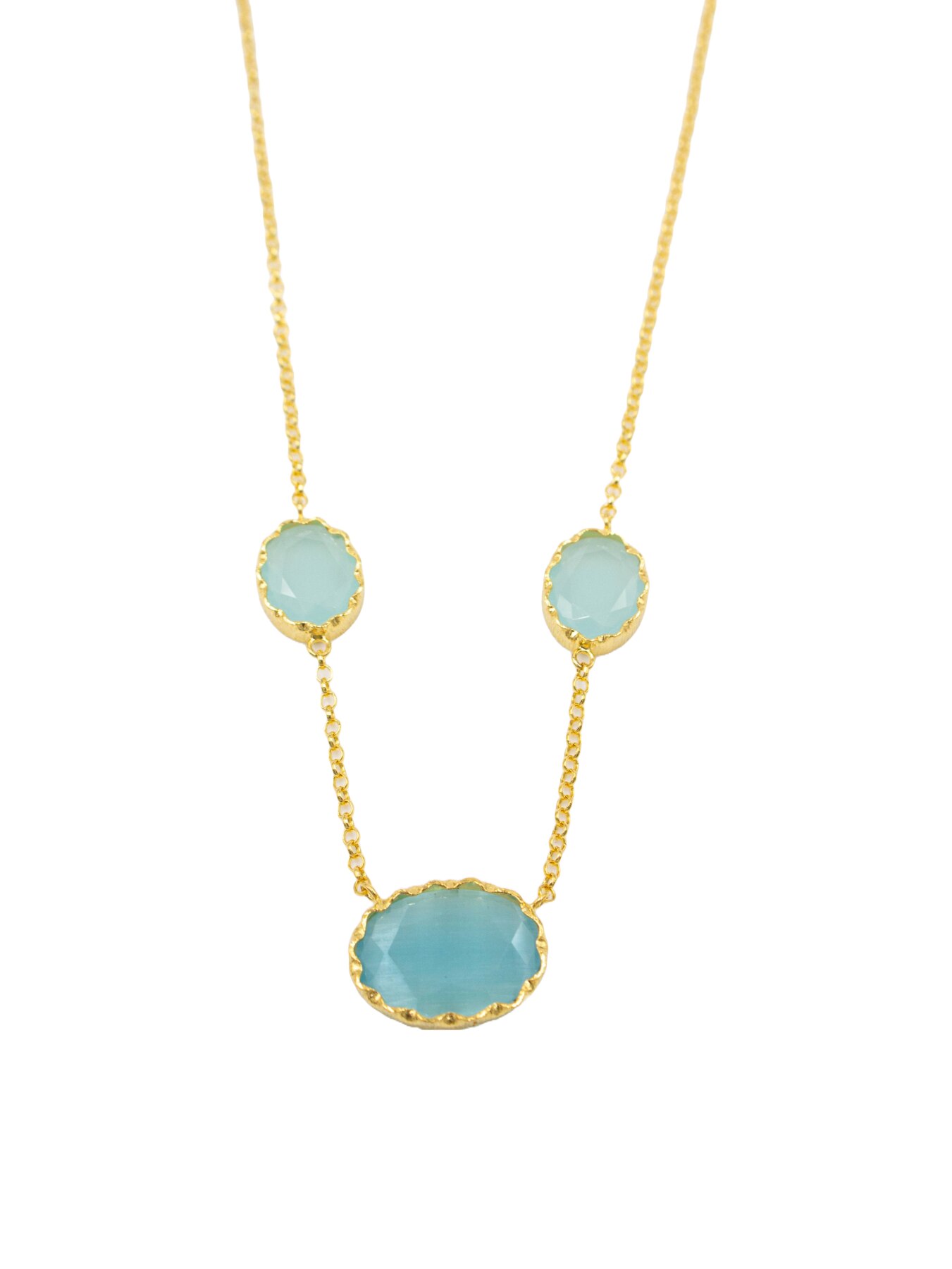 Colar em Prata Dourada com 3 Pedras Turquesa Azul-2
