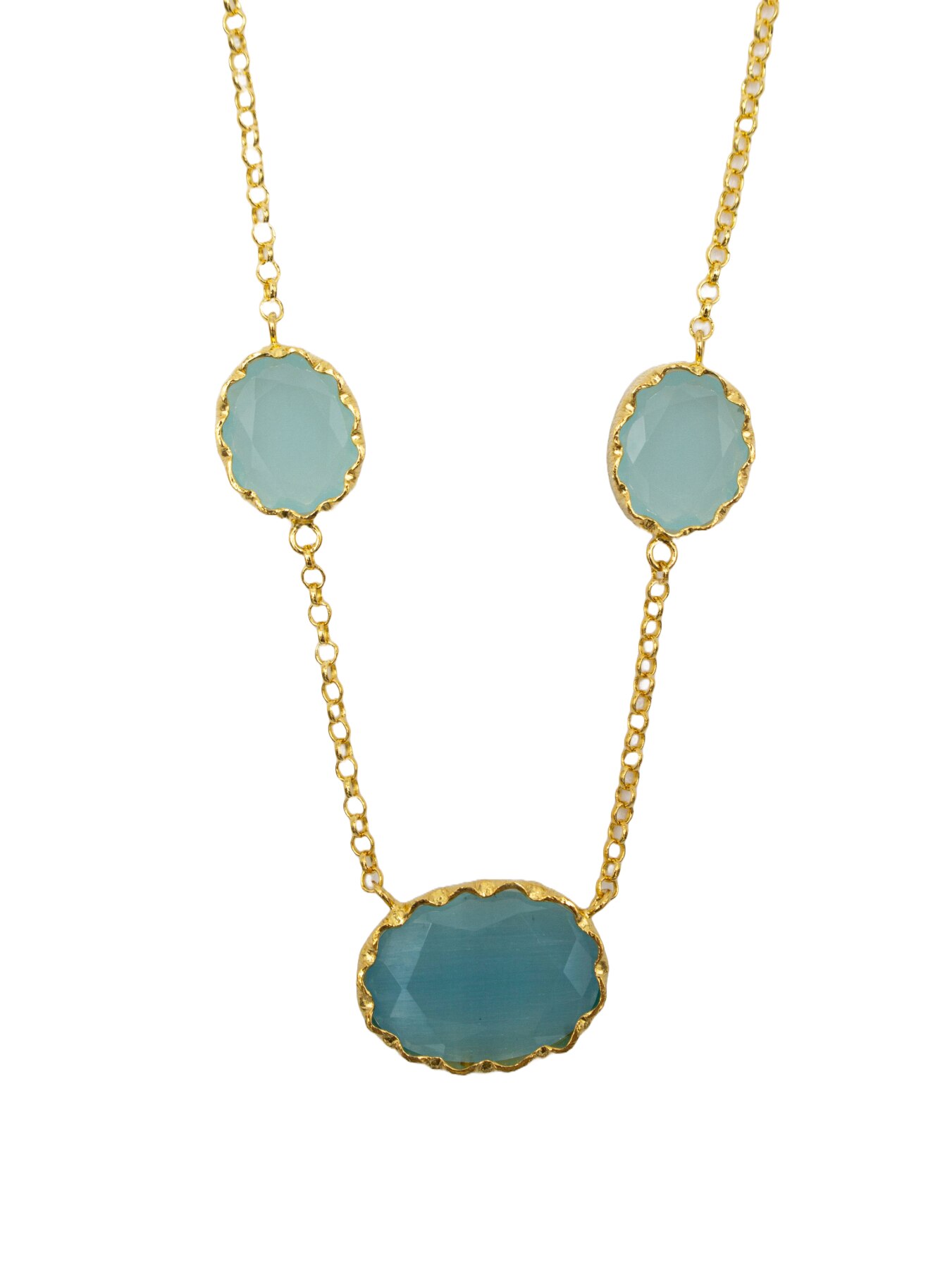 Colar em Prata Dourada com 3 Pedras Turquesa Azul-3
