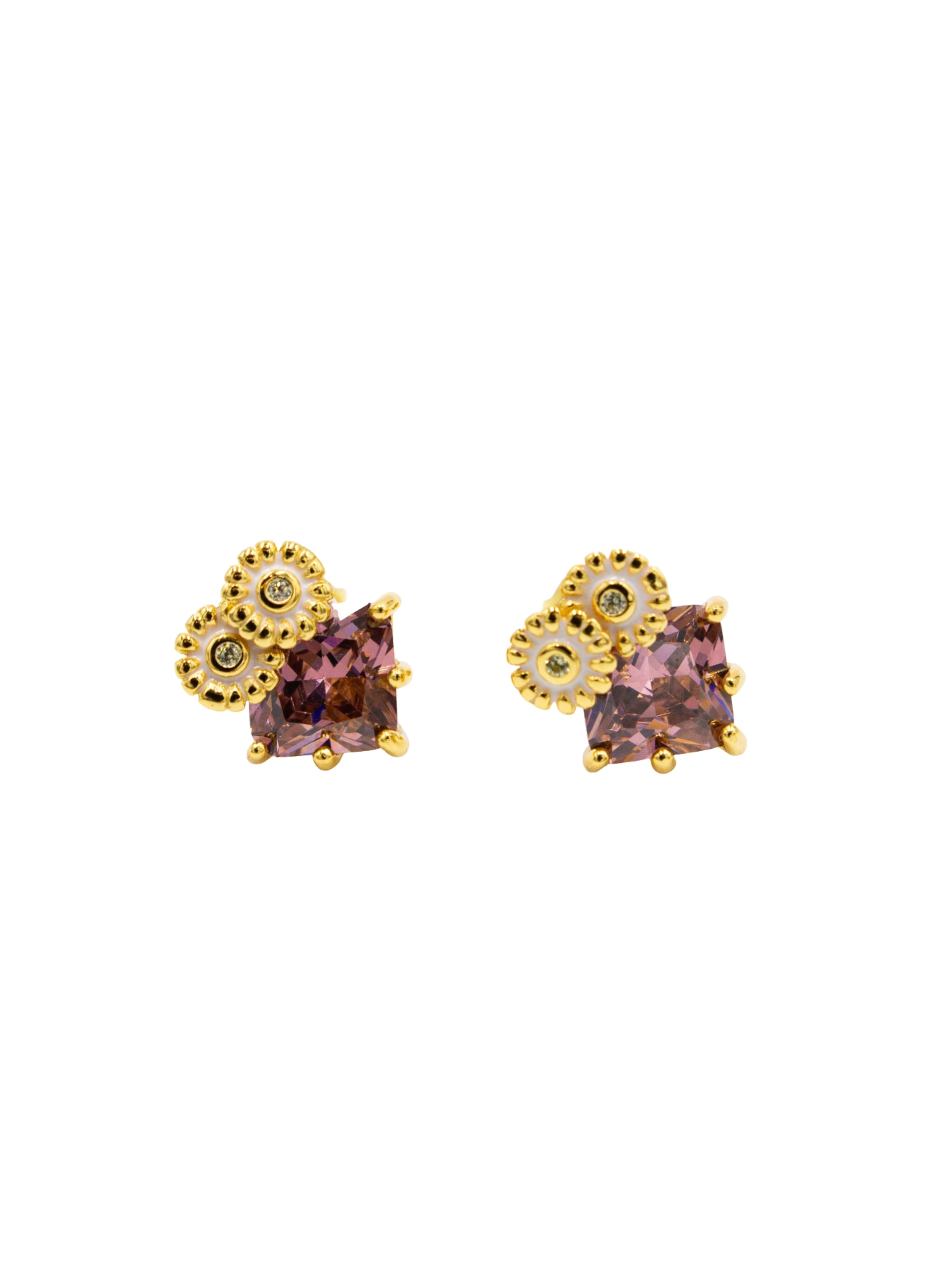 Brincos em Prata Dourada com Zircão Quadrado Rosa Rosa-1