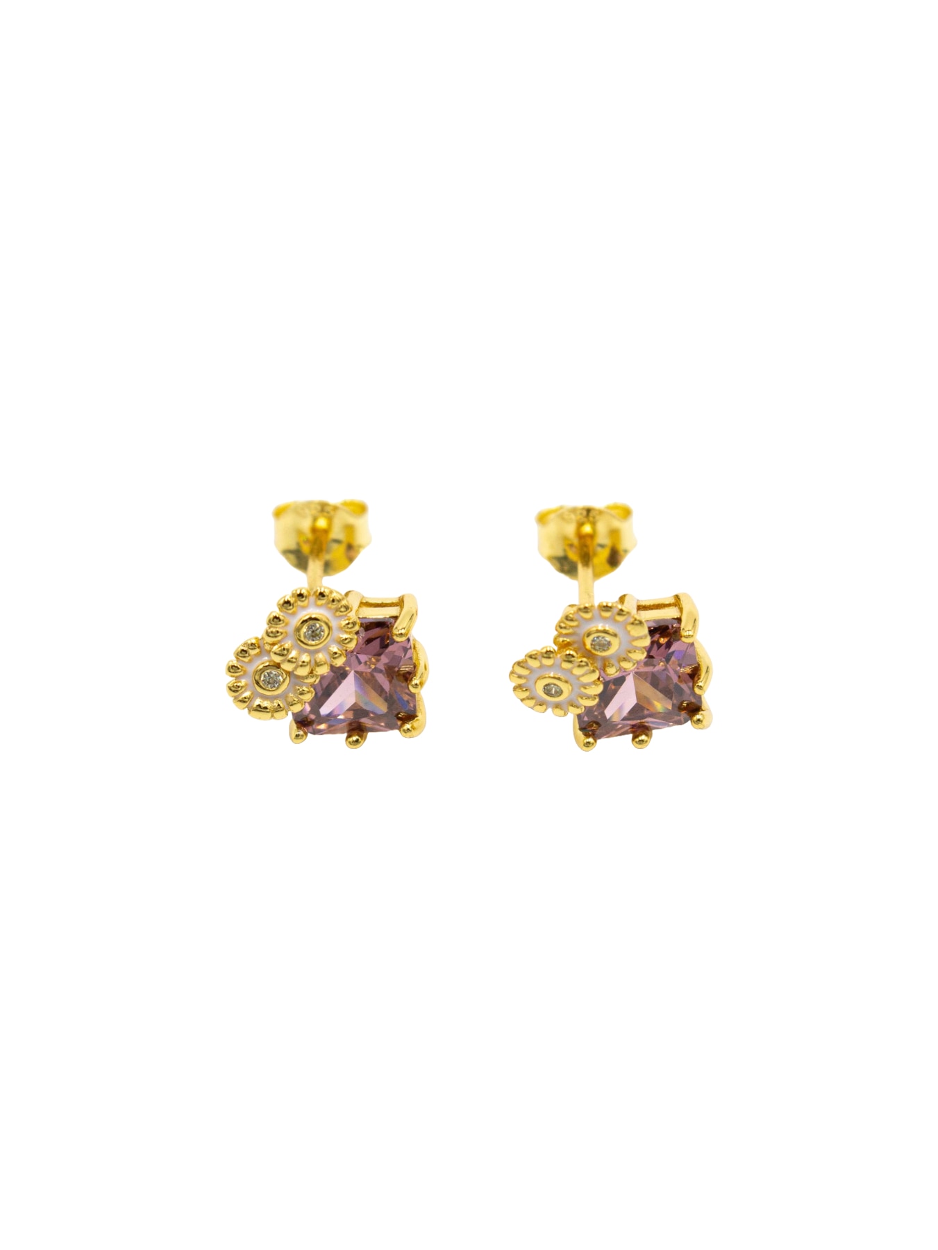 Brincos em Prata Dourada com Zircão Quadrado Rosa Rosa-2