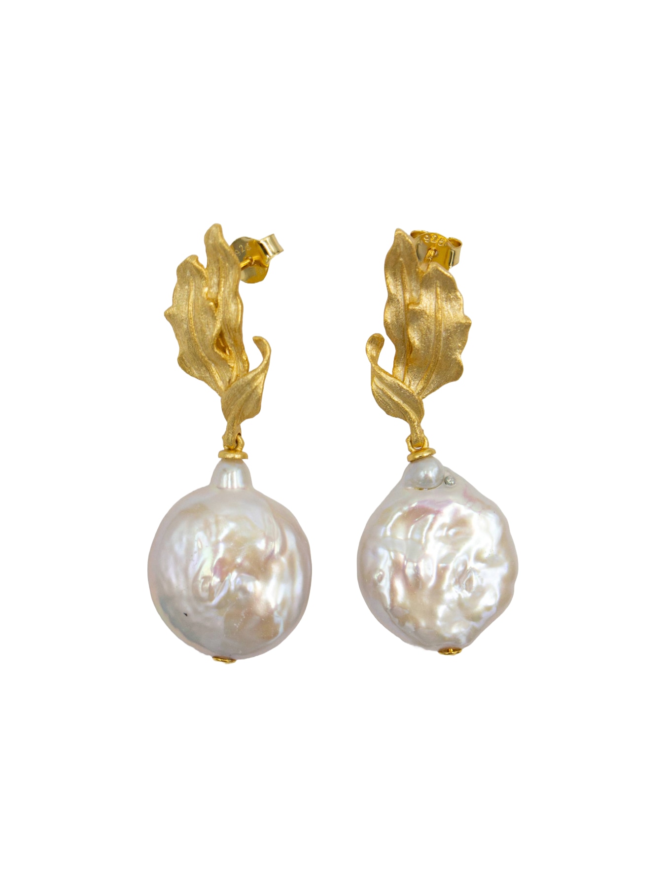 Brincos em Prata Dourada com Folhas com Pérola Branco-1