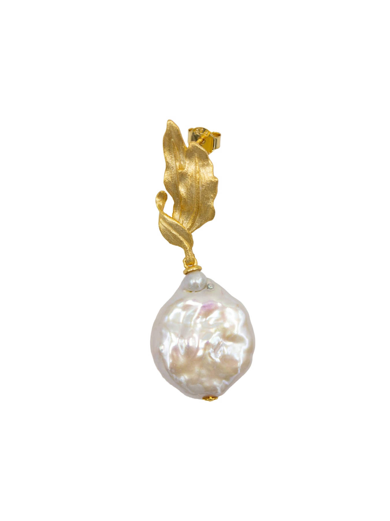 Brincos em Prata Dourada com Folhas com Pérola Branco-2