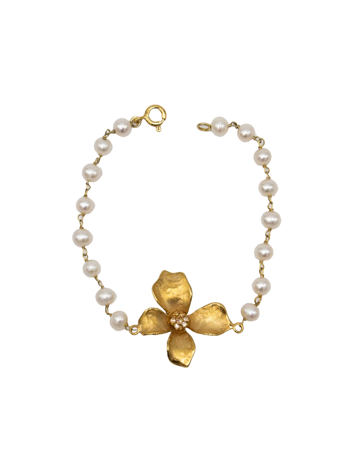 Pulseira em Prata Dourada com Pérolas e Flor Branco-1
