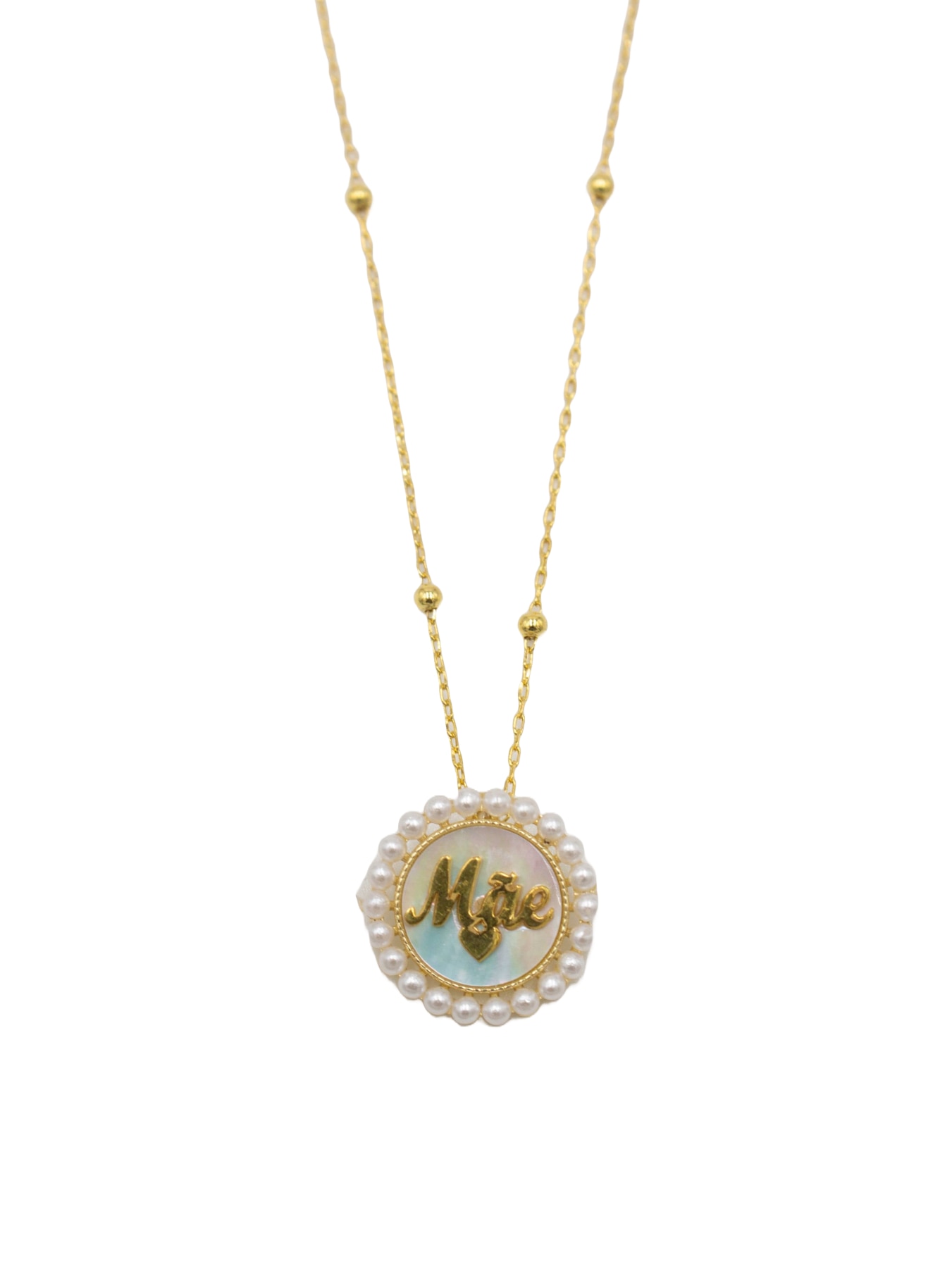 Colar em Prata Dourada medalha em Madrepérola "Mãe Branco-1